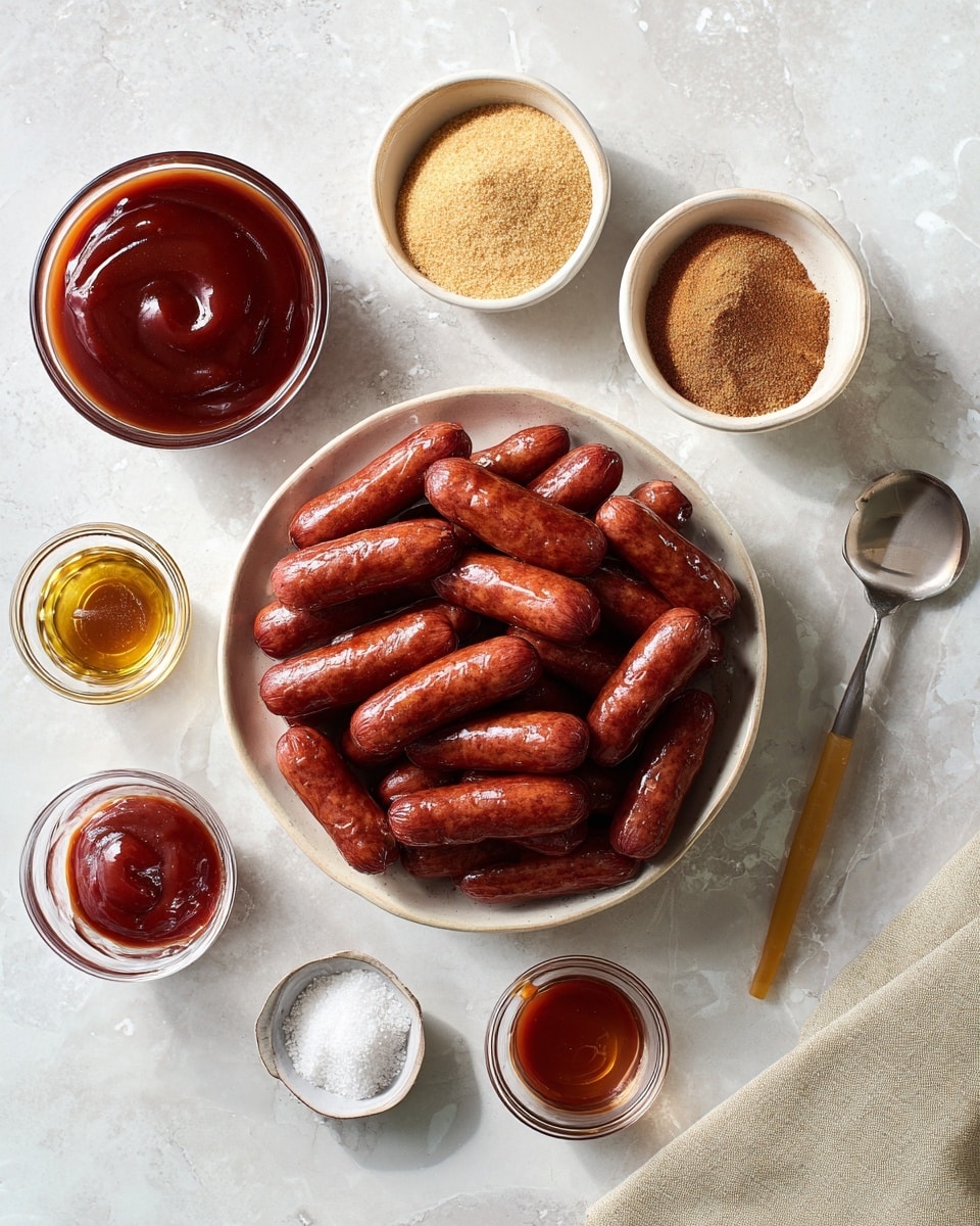 A white pot filled with small red sausages cooked in a thick, glossy deep red sauce. A wooden spoon held by a woman's hand stirs a scoop of about seven sausages coated in the smooth sauce, showing a shiny, moist texture. The white pot has smooth edges and sits on a white marbled surface, with the sauce slightly stained on the rim. The scene is bright and focused on the sausages and sauce, highlighting their rich color and juicy look photo taken with an iphone --ar 4:5 --v 7