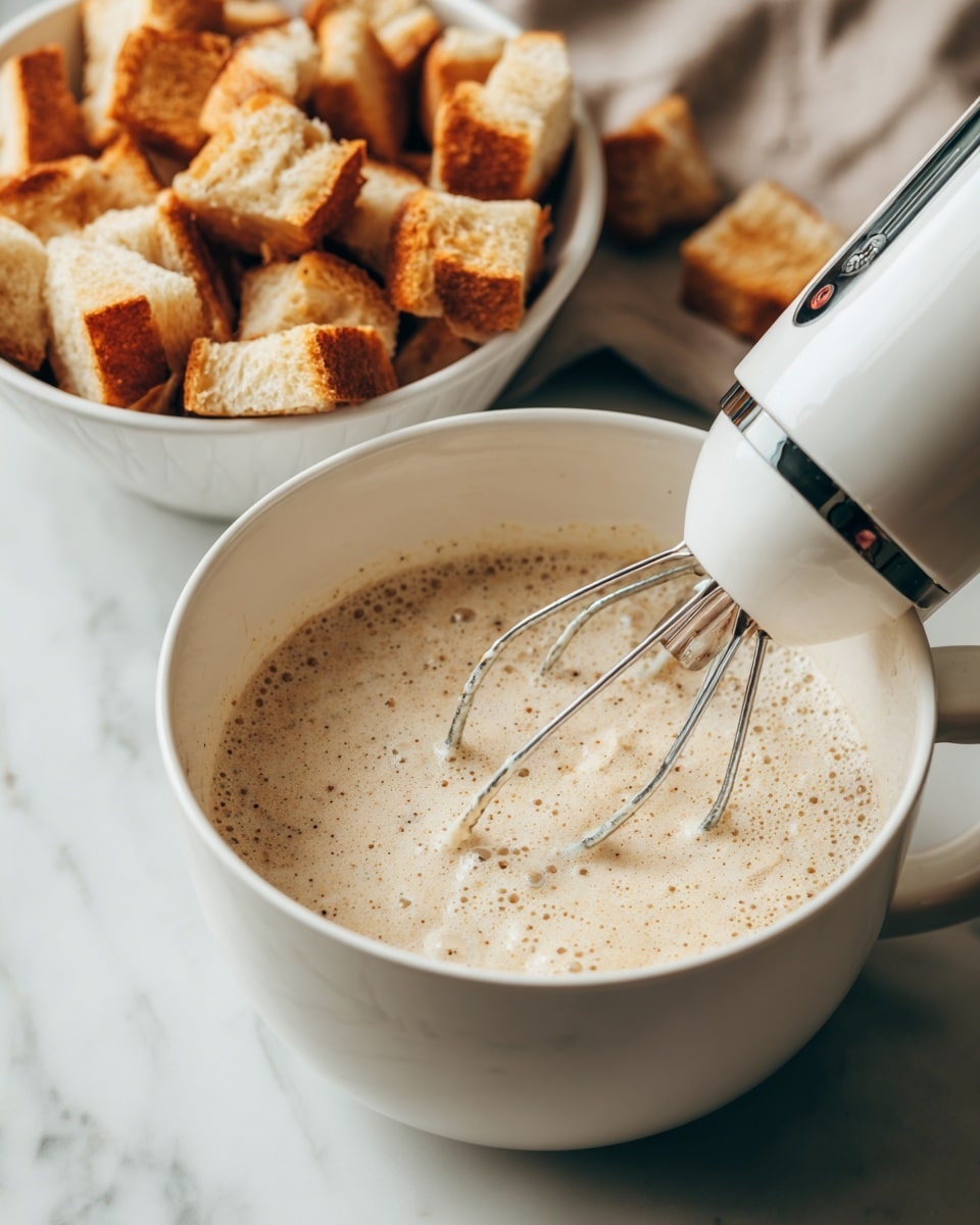 A white mixing bowl filled with a frothy, light beige liquid containing small specks, with a white and black hand mixer inside it and bubbles formed on the surface of the liquid, placed on a white marbled surface. In the background, there is a white bowl filled with unevenly cut pieces of bread with golden crusts. photo taken with an iphone --ar 4:5 --v 7