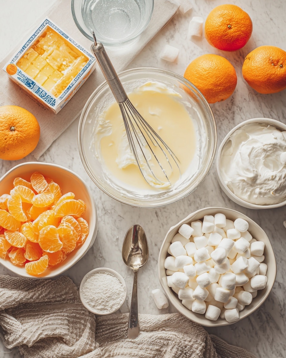 A white bowl filled with a creamy, orange and white mixture that looks soft and fluffy, made up of many small segments of orange fruit mixed with white creamy layers. On top of this mixture, there are three bright orange fruit segments placed neatly as decoration. The bowl sits on a white marbled surface with an orange and white cloth in the background. photo taken with an iphone --ar 4:5 --v 7