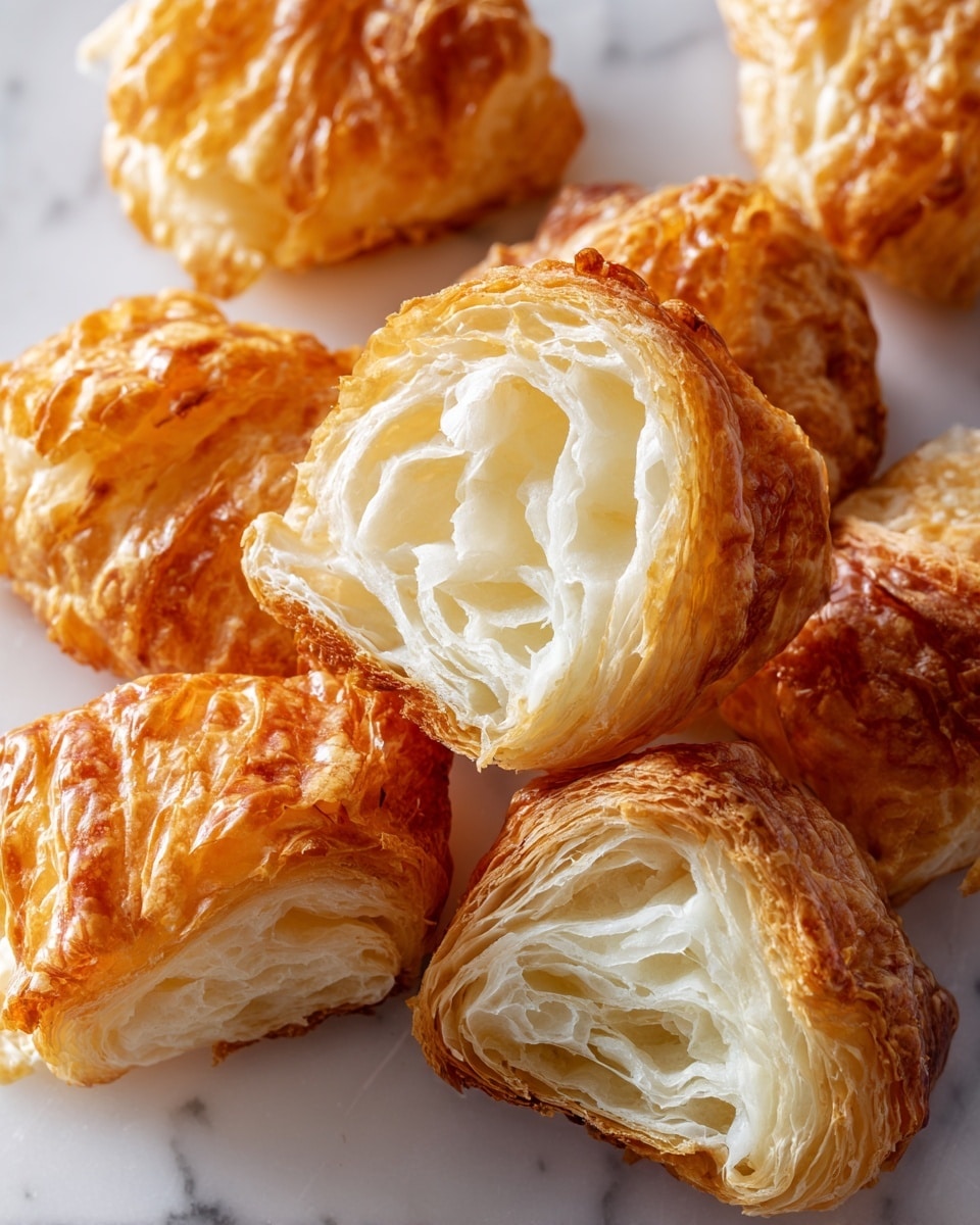 This image shows a baked dish in a white rectangular pan with blue handles. The dish has about two layers of golden brown croissant pieces that look flaky and soft. Between and on top of the croissants, there are melted white and slightly browned cheese patches, giving a creamy texture. Dark green leafy vegetables are mixed in between the layers and scattered on top, adding some color contrast. Small sprigs of fresh thyme are placed on top, giving a fresh green touch. The pan is placed on a wooden surface next to a few fresh sage leaves and a shiny golden spoon. The photo was taken with an iphone --ar 4:5 --v 7