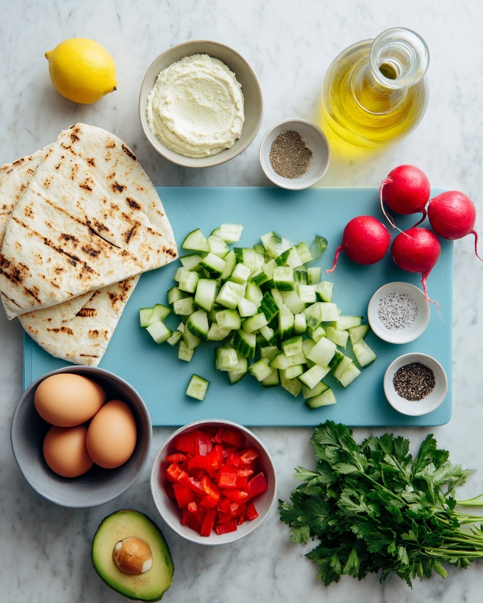 The image shows a light blue cutting board with three small piles of chopped vegetables: cucumber with dark and light green skin pieces, red bell pepper pieces, and three whole red radishes near the board. To the right of the board are two small white bowls, one with coarse salt and black pepper and the other with brown spice. A clear glass bottle of olive oil is behind the board, next to some white grilled flatbread with grill marks. In the bottom left corner there is a white bowl with light beige hummus, and above it a white bowl with white yogurt. Half a yellow lemon is next to the bowls. Below the cutting board is a gray bowl with two brown eggs and two white eggs. On the right side, bright green parsley is spread out, next to half an avocado with its brown seed showing. Everything is placed on a white marbled surface. photo taken with an iphone --ar 4:5 --v 7