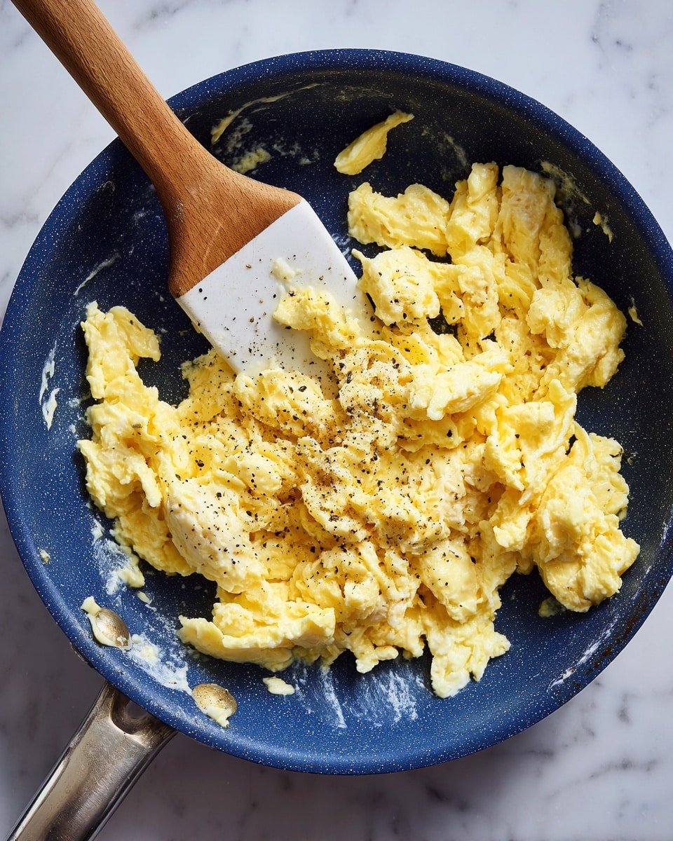 The image shows a close-up of scrambled eggs in a deep blue pan placed on a white marbled surface. The eggs are soft in texture with a pale yellow color, spread in the center and to the side of the pan, sprinkled lightly with black pepper in the middle. A white spatula with a wooden handle rests inside the pan, positioned diagonally from the bottom right corner toward the top center. Small bits of the scrambled eggs stick to the pan’s sides, and the pan has a metallic handle visible on the left side. The photo has natural lighting that enhances the creamy look of the eggs, photo taken with an iphone --ar 4:5 --v 7
