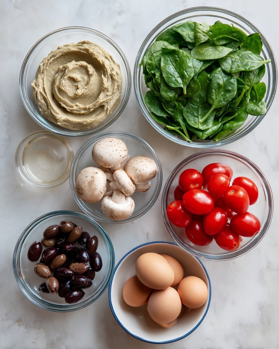 The image shows six clear glass bowls and one white bowl arranged on a white marbled surface. The top left white bowl contains a thick, pale greenish-beige paste. Next to it on the right, a glass bowl holds whole white mushrooms with light brown spots. To the far right, a large glass bowl is filled with fresh green spinach leaves. Below the mushroom bowl, another glass bowl has bright red cherry tomatoes, and beside it on the right, a glass bowl holds four brown eggs. Lastly, a small white bowl with a blue rim contains dark brown to black olives. Photo taken with an iphone --ar 4:5 --v 7