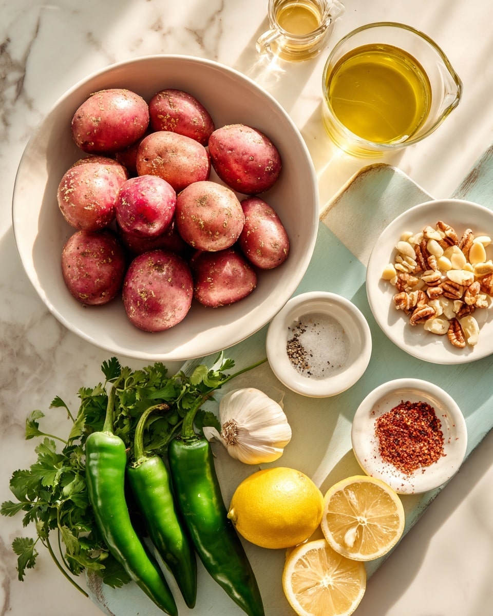 A white bowl filled with smooth, red potatoes with some spots, placed near fresh green cilantro leaves. On a light blue board next to the bowl, there are four long, green peppers, three garlic cloves, two lemon halves showing a bright yellow inside, a small white bowl filled with chopped nuts, and another small white bowl with crushed red pepper flakes. Above the board, there is a smaller divided dish with salt and black pepper and a glass bottle filled with golden oil next to a cup of light yellow liquid. The whole setup is on a white marbled surface with soft sunlight casting gentle shadows, photo taken with an iphone --ar 4:5 --v 7