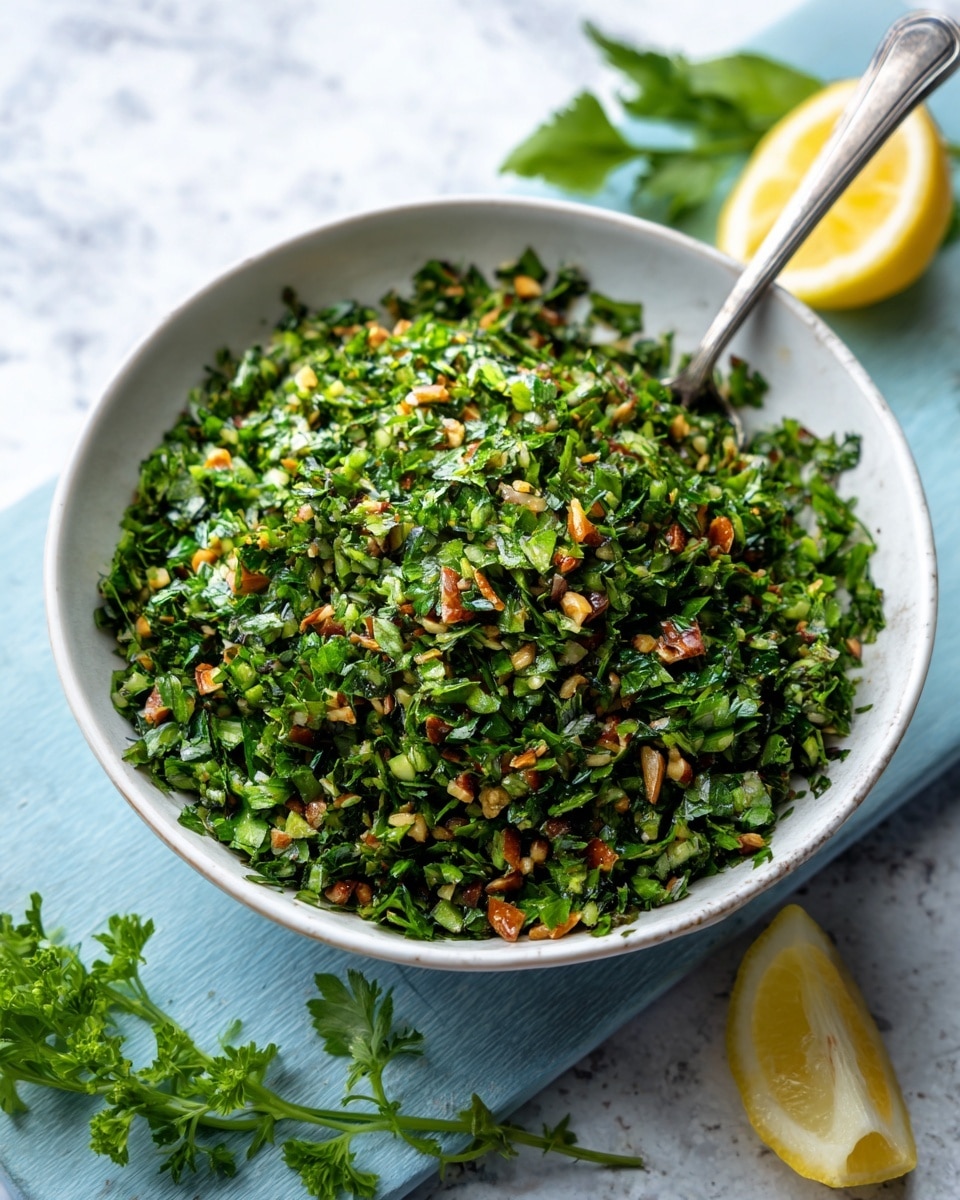 A white bowl filled with a green mixture made of finely chopped herbs and nuts, showing a mix of leafy and crunchy textures, with small pieces of light brown nuts and bright green herbs evenly spread throughout. A silver spoon rests inside the bowl, partially covered by the mixture. The bowl is placed on a light blue cutting board next to a half lemon and fresh green herbs. The background surface is a white marbled texture. Photo taken with an iphone --ar 4:5 --v 7