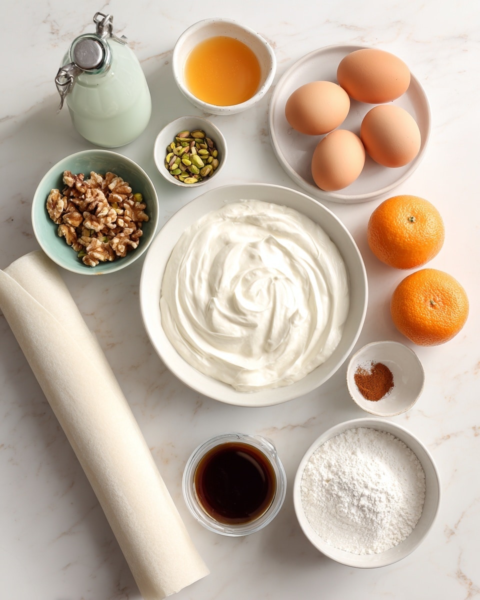 A white round bowl filled with thick white cream is placed near the center on a white marbled surface with a grey-blue tint. To the right, a white round plate holds eight brown eggs with some spots, and two bright orange oranges rest beside it. Below, there is a long white rolled dough sheet lying flat. To the left of the cream, two small round bowls with green interiors hold chopped pistachios and chopped walnuts, respectively. Above the bowls, a small clear glass with ground cinnamon and a small glass with dark brown vanilla extract sit near a larger white bowl filled with white sugar. On the far left, a light green glass bottle with metal spout and a white bowl with orange liquid stand side by side. The entire setup is evenly lit with soft shadows, giving a clean and bright impression. photo taken with an iphone --ar 4:5 --v 7