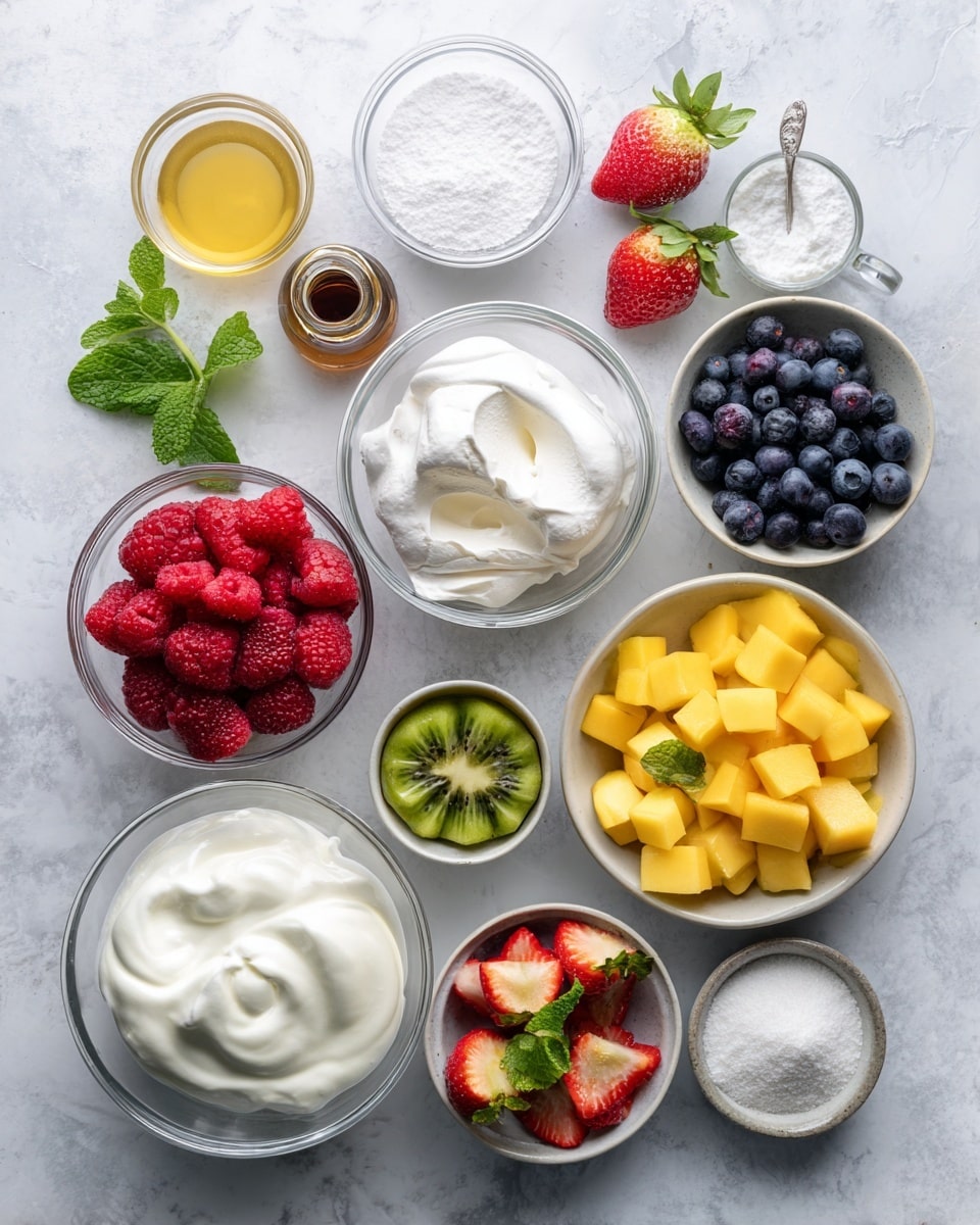 The image shows a white plate with four small pavlova nests, each made of two main layers: a crispy white meringue base with swirled texture, topped with a smooth white cream layer. On top of the cream, there are scattered fresh red strawberries, red raspberries, and dark blue blueberries, some whole and some chopped. Fresh green mint leaves are placed on and around the pavlovas. The plate and surrounding white marbled surface are lightly dusted with powdered sugar, adding a soft snowy effect to the scene. A fine metal strainer filled with powdered sugar sits near the bottom of the image. photo taken with an iphone --ar 4:5 --v 7