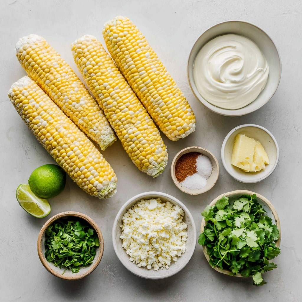 This is a close-up of a white bowl filled with grilled yellow corn kernels with small char marks scattered on top. Inside the bowl, the corn forms the base layer, covering most of the area. On one side, there is a layer of crumbly white cheese, next to it a small pile of chopped green herbs. Above the cheese and herbs, there is a dollop of smooth white cream topped with a sprinkle of reddish-brown chili powder. A silver spoon rests on the edge of the bowl, partially inside it. The bowl is placed on a white marbled surface. photo taken with an iphone --ar 4:5 --v 7