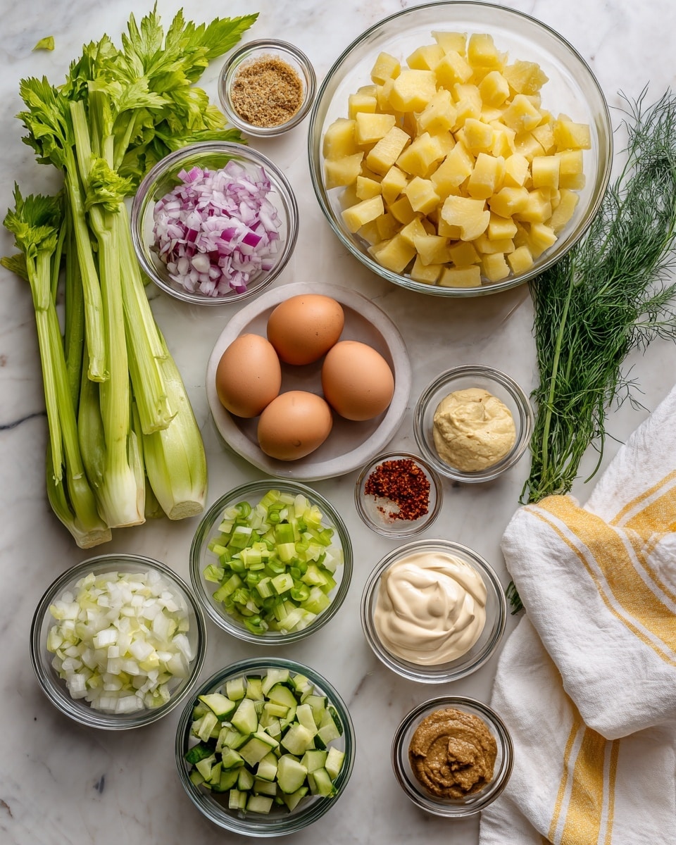 The image shows several clear glass bowls arranged on a white marbled surface with diced yellow potatoes in a large bowl at the top right, brown eggs in a large bowl at the center, and chopped celery pieces in a bowl at the bottom. Surrounding these are smaller bowls with chopped red onions (top left), chopped pickles (below onions), chopped green onions (below eggs), creamy white mayonnaise (to the right of green onions), brown mustard (top right of mayonnaise), grainy mustard (top right of eggs), and a small bowl of reddish paprika powder near the bottom left. There are three whole stalks of fresh celery with leaves on the left side, and a bunch of green dill in the top left corner. A white towel with yellow and grey stripes is draped on the right edge. The color palette is mostly soft greens, yellows, and browns, with a clean and fresh look photo taken with an iphone --ar 4:5 --v 7