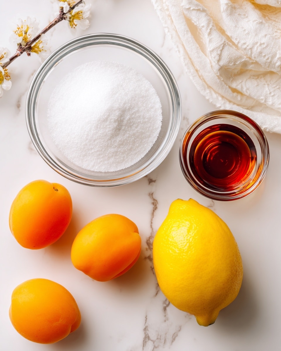 The image shows two clear round glass bowls on a white marbled surface; the top bowl is filled with white granulated sugar, and the bottom one is empty with a slight reflection. Around the bowls, there are six whole bright orange apricots and one yellow lemon placed in a circular pattern. Near the top right, a small clear glass cup contains a small amount of dark amber liquid, and a white cloth with a subtle pattern edges the top right corner of the frame. Photo taken with an iphone --ar 4:5 --v 7