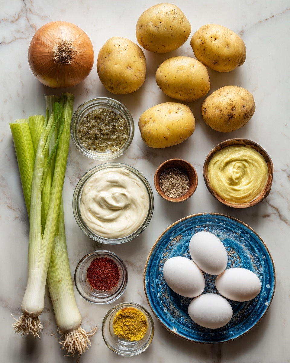 The image shows ingredients laid out on a white marbled surface: six whole yellowish potatoes at the top center, two green celery sticks on the top right, a single whole onion on the left side, two long green onions extending from the bottom left toward the center, a small glass bowl with clear liquid next to a glass bowl with greenish mustard seeds and oil, a small wooden bowl filled with salt above a blue plate holding four peeled white eggs on the bottom right. Surrounding these are four small glass bowls containing whipped white mayonnaise, yellow mustard, black pepper, and reddish paprika powder. photo taken with an iphone --ar 4:5 --v 7