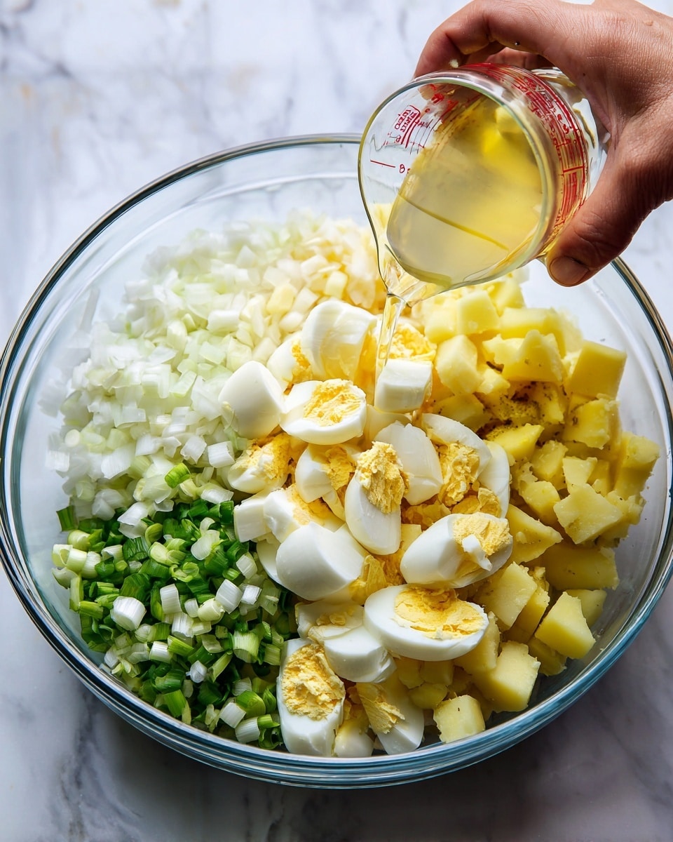 Inside a clear glass bowl on a white marbled surface, there are four visible layers of chopped ingredients. The bottom layer has small green pieces, above them is a layer of finely chopped white onions on the left side, large yellow potato chunks on the right, and a layer of coarsely chopped hard-boiled eggs with white and bright yellow parts scattered in the center. A woman's hand is holding a clear measuring cup, pouring a small amount of light yellow liquid over the ingredients. Photo taken with an iphone --ar 4:5 --v 7