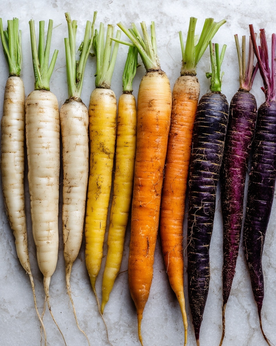 A long white plate holds one layer of small roasted carrots in rows with green tops on, showing colors of orange, purple, and yellow with slight char marks. On top of the carrots is a drizzle of light green creamy sauce, a scattering of chopped hazelnuts, and a layer of chopped fresh green herbs spread evenly across the middle section of the carrots. The plate is placed on a white marbled surface. photo taken with an iphone --ar 4:5 --v 7