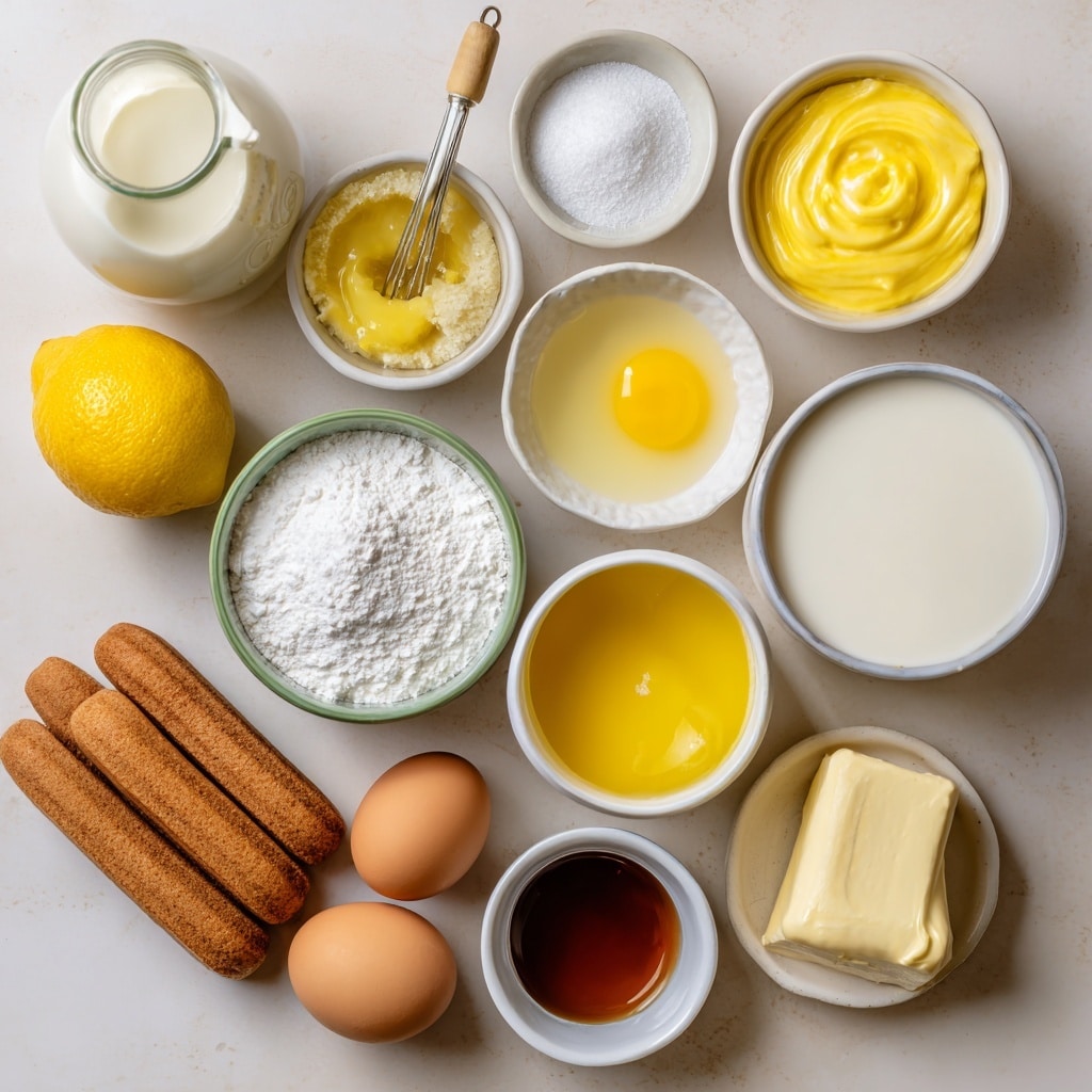 The image shows a slice of layered lemon dessert on a white plate, placed on a white marbled surface. The dessert has four layers: the bottom layer is a light golden cake, followed by a thick creamy layer with a smooth texture, then another cake layer similar to the bottom one, and on top is a shiny, bright yellow lemon glaze. A small green mint leaf garnishes the top. In the blurred background, there is a white cup and a lemon cut in half, with two lemon slices in the foreground. Photo taken with an iphone --ar 4:5 --v 7