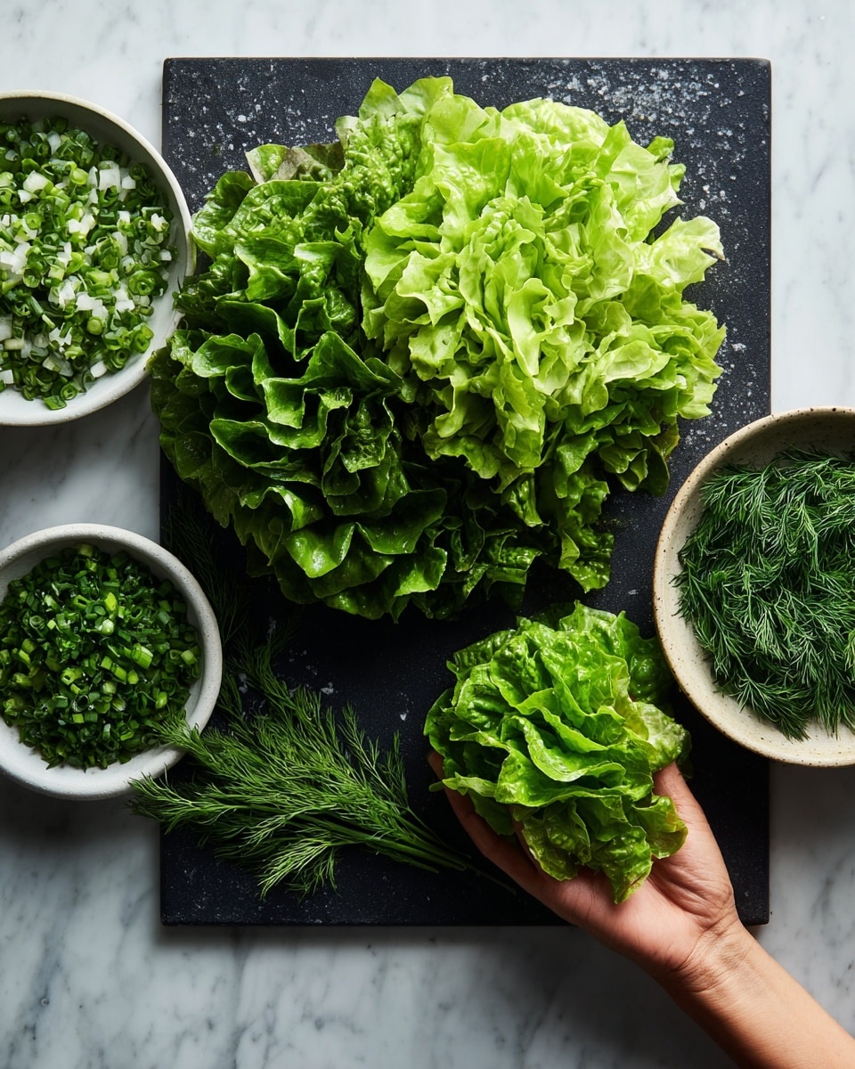 A large silver bowl sits on a white marbled surface filled with a fresh salad made of green lettuce leaves as the base layer. On top of the lettuce, there are separate small piles of chopped dark green herbs including dill and chives, along with thin slices of pale pink pickled onions placed near the center of the bowl. A woman's hand is seen from the right side pouring a white creamy liquid from a glass jar into the bowl. The scene is bright and natural, showing fresh and healthy salad ingredients photo taken with an iphone --ar 4:5 --v 7