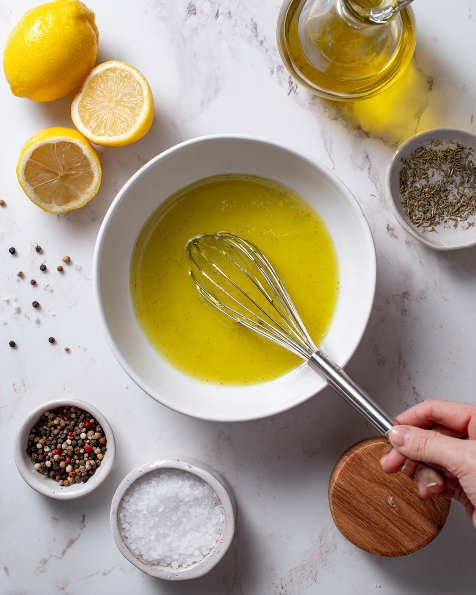 A white bowl holds a glossy yellow-green sauce being mixed with a small silver whisk held by a woman's hand on the right side of the image. Above the bowl, a halved lemon and a squeezed lemon half lie on a white marbled surface. Nearby, a clear glass bottle filled with olive oil is partially visible at the top right. At the bottom of the frame, a silver spoon, a small white bowl of mixed peppercorns, and a white jar of coarse salt with a wooden lid sit on the white marbled surface scattered with small salt and pepper grains. photo taken with an iphone --ar 4:5 --v 7