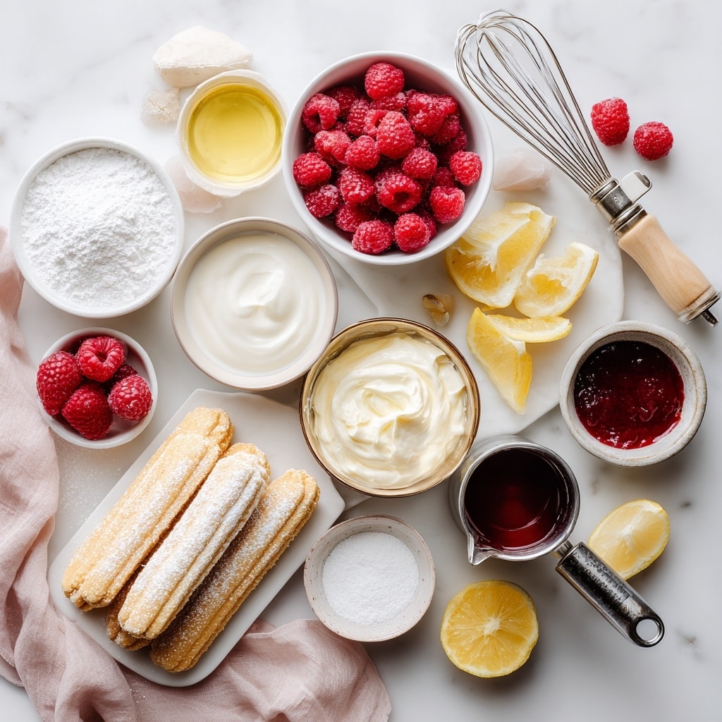 A rectangular white ceramic dish filled with a thick, bright red raspberry sauce layer that looks smooth and shiny with visible raspberry seeds throughout; the top left corner is decorated with a few fresh raspberries and three lemon slices placed on top of the sauce, while a few raspberries are also placed at the bottom right corner. Around the dish, there is a white marbled surface with scattered fresh raspberries, lemon slices, two silver forks on the right, and a white bowl with lemon slices and raspberries on the top left. A white cloth is draped on the bottom left edge of the image. Photo taken with an iphone --ar 4:5 --v 7