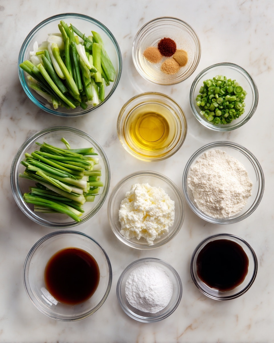 The image shows thirteen glass bowls arranged in a neat grid on a white marbled surface. The largest bowl on the left contains green onion stalks, sliced into pieces. Above and to the right are smaller bowls filled with various cooking ingredients: clear liquid water, light brown granulated sugar, golden yellow oil, light amber vinegar, finely chopped green onions, white cornstarch, white granulated salt, light beige garlic powder, pale yellow cooking wine, white all-purpose flour, white baking powder, and a small darker brown bowl with soy sauce. The bowls are evenly spaced, transparent, and showcase the colors and textures of each ingredient clearly. The photo is taken with an iphone --ar 4:5 --v 7