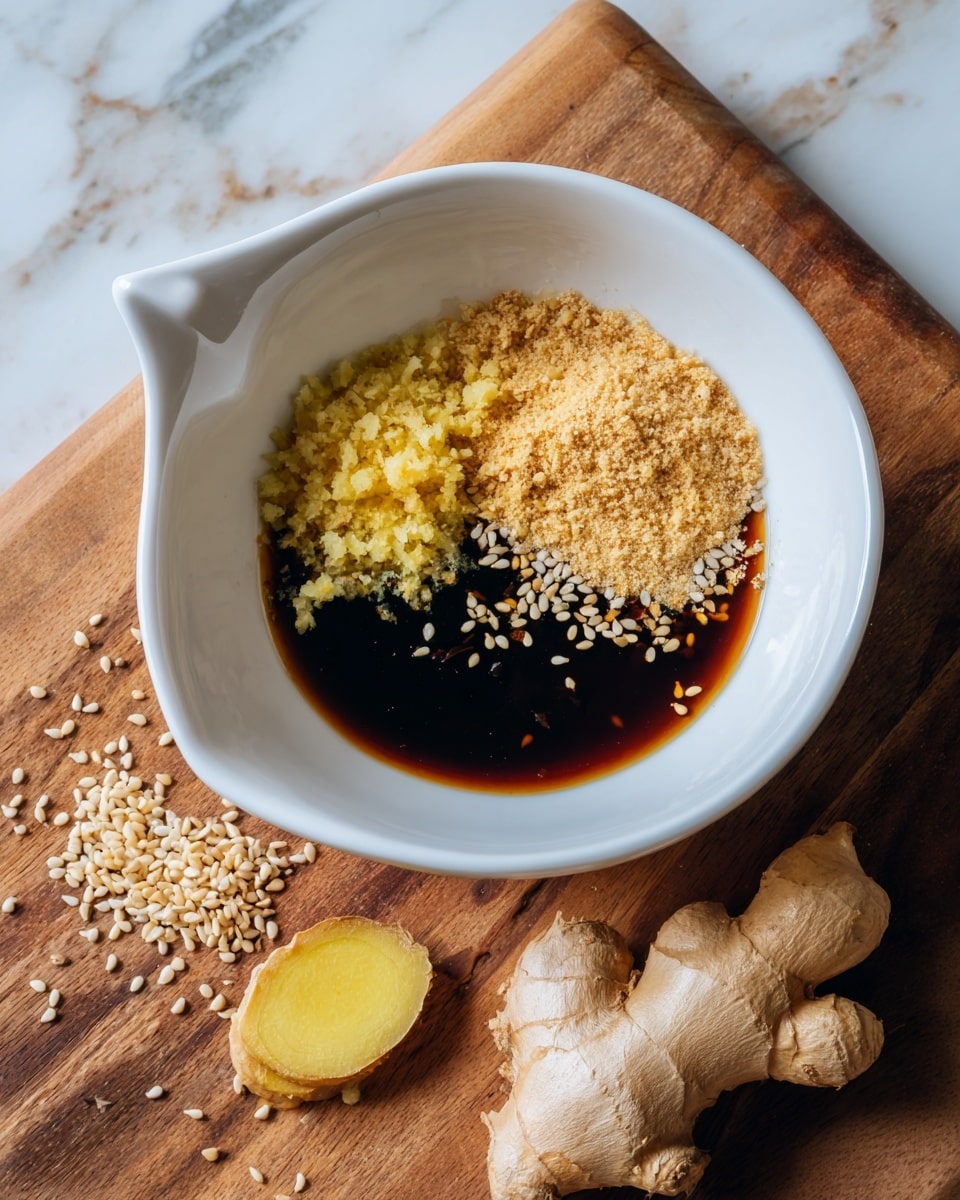 A white bowl with a small spout on the rim holds three visible layers of ingredients: a dark brown liquid layer at the bottom, topped with a pile of light yellow grated ginger on the left side and a sprinkling of light beige sesame seeds spread across the top. To the right of the bowl, on a wooden surface, is a whole piece of light brown ginger root with a small slice of peeled yellow ginger placed just below it. Some scattered sesame seeds and bits of ginger surround the bowl and ginger root. The background is a white marbled texture. Photo taken with an iphone --ar 4:5 --v 7