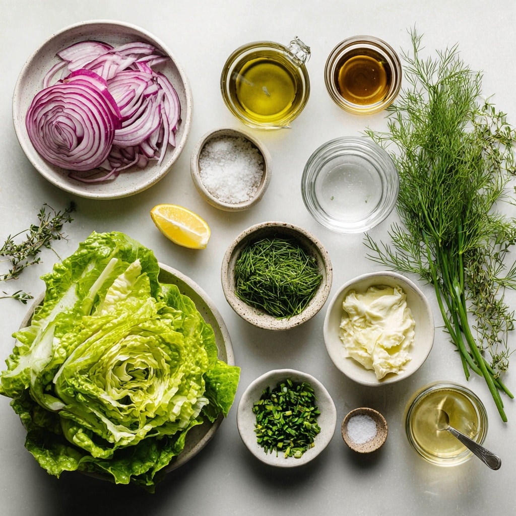The image shows a fresh salad in a white bowl with a rough, natural texture and a brown rim. The salad has about three layers mainly made of light and dark green leafy lettuce. Thin, pale pink slices of onion are scattered throughout, adding contrast. On top of the leaves, there are delicate green herbs like dill and finely chopped chives that add more color and texture. The overall look is crisp and fresh, with a light sprinkling of coarse salt visible. The bowl is placed on a white marbled surface. photo taken with an iphone --ar 4:5 --v 7