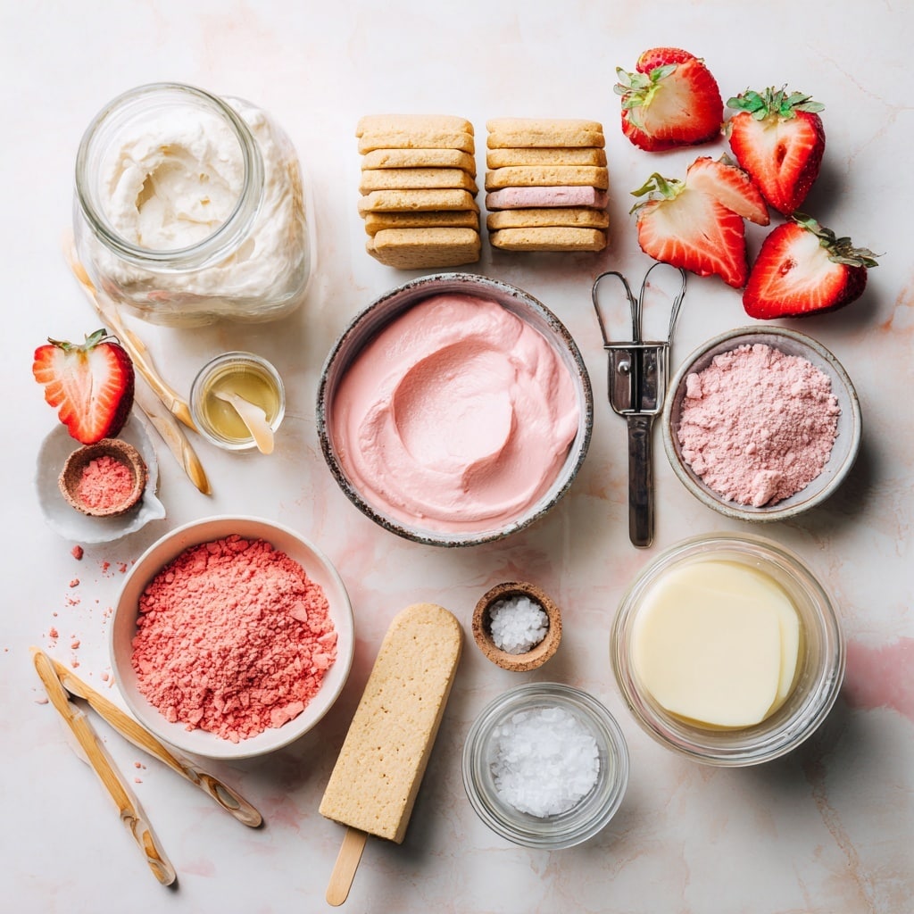 Two clear glass bowls sit side by side on a white marbled surface. The bowl on the left holds a thick, smooth, creamy beige batter with soft peaks showing light texture, while the bowl on the right contains a textured pink batter with small bits, swirled gently on top. A metal electric mixer whisk is partially visible resting inside the beige batter bowl. A fresh red strawberry lies next to the pink batter bowl. Photo taken with an iphone --ar 4:5 --v 7