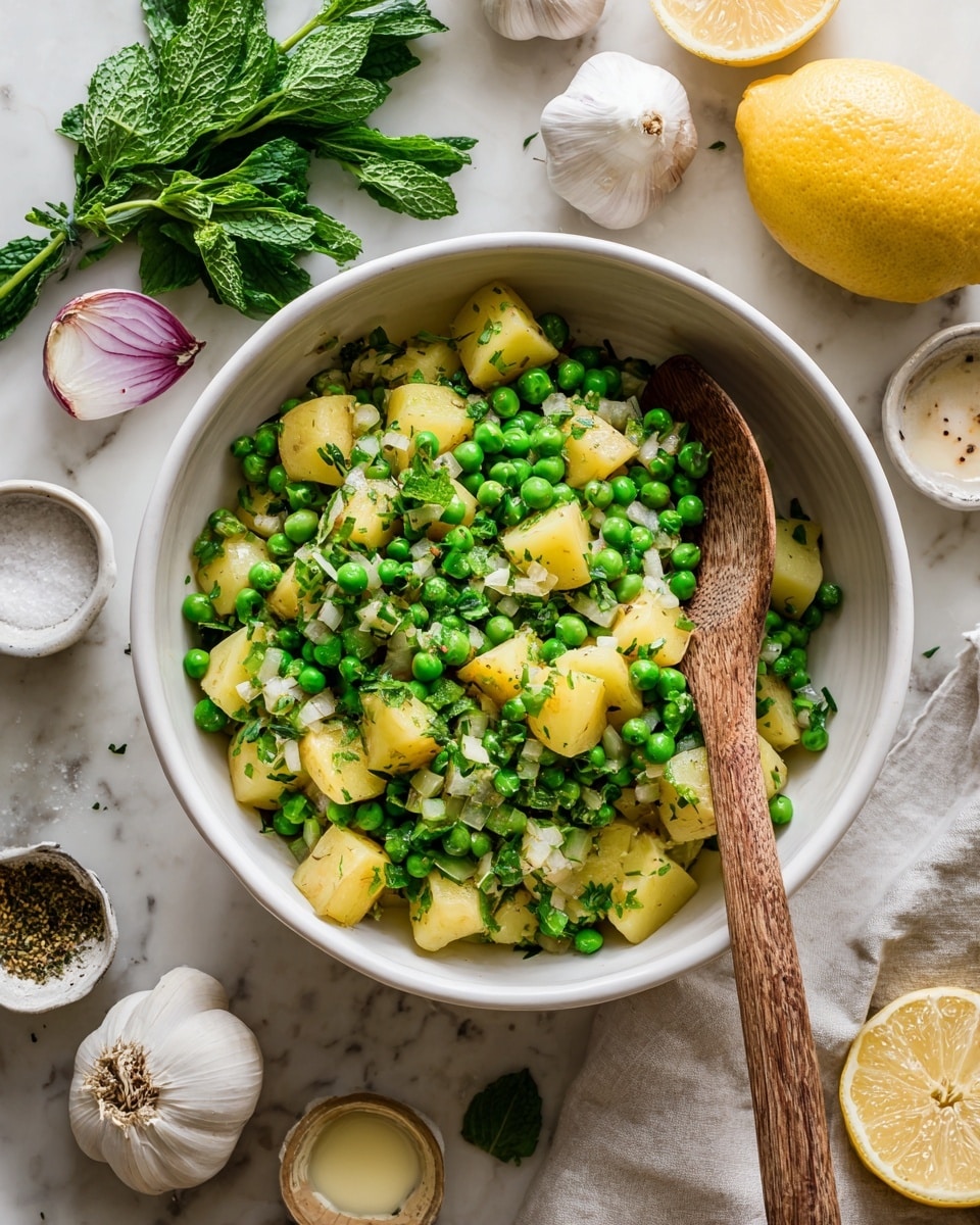A white bowl contains smooth, light green pea soup topped with whole peas, chopped green herbs, sesame seeds, and a drizzle of olive oil, with three small toasted bread pieces resting inside the soup on one side and three fresh mint leaves placed on the surface; around the bowl, there are small white bowls filled with fresh green peas, toasted bread cubes, and lemon wedges, along with some whole pea pods placed on a white marbled surface, a small white ceramic jug of olive oil, a wooden spoon, and a green cloth in the background. photo taken with an iphone --ar 4:5 --v 7