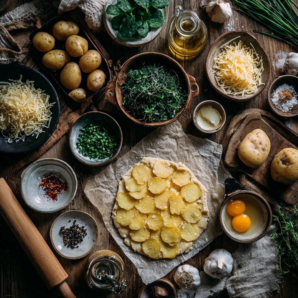 A rectangular tart with thick, golden-brown, flaky crust edges is placed on a white textured board, on top of a white marbled surface. The tart is topped with several thin, round slices of light yellow and green potatoes arranged in close layers. The potato layer is seasoned with small chopped fresh green herbs scattered evenly on top, and flecks of black pepper are visible. A single slice is cut from the tart and slightly pulled away, showing the layers clearly. A knife with a wooden handle is on the right side next to the tart, and a small bowl filled with fresh green herbs and a woman's hand holding a slice are visible in the upper part of the image. Photo taken with an iphone --ar 4:5 --v 7