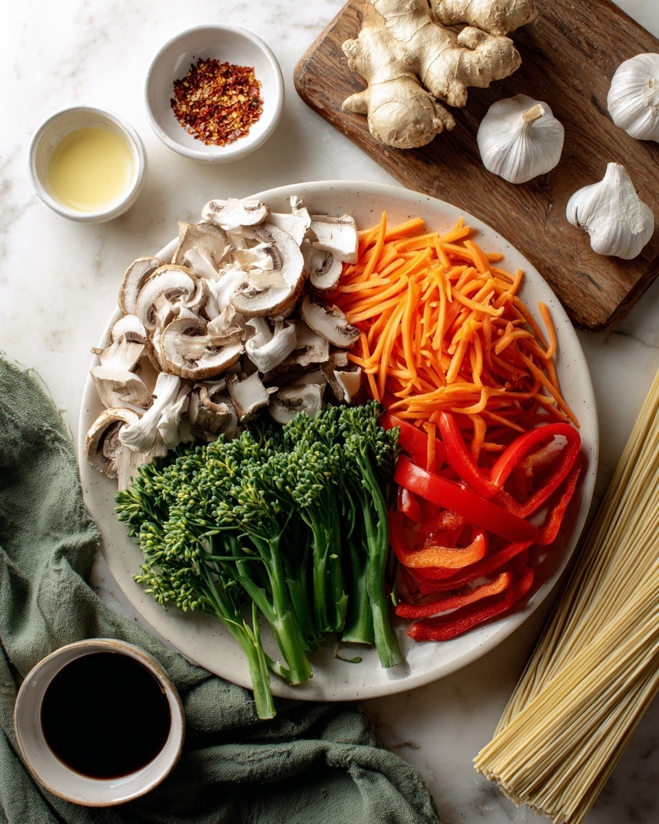 A white round plate holds four sections of sliced vegetables: at the top left, thinly sliced mushrooms with a smooth, light brown and white texture; below them, bright orange carrot sticks cut into thin strips; to the right of the mushrooms, a bundle of green broccolini with small florets and stems; and at the bottom right, red bell pepper slices with a shiny and smooth surface. Around the plate on a white marbled background, there are three small white bowls containing chili flakes, sesame seeds, and a light yellow liquid, along with whole fresh ginger root on the upper left, bunches of whole scallions on the right, a bulb of garlic near the bottom right, several bundles of dry noodles on a wooden cutting board at the bottom, and a small bowl of dark soy sauce on the cutting board. A green cloth is draped on the left side of the image. photo taken with an iphone --ar 4:5 --v 7