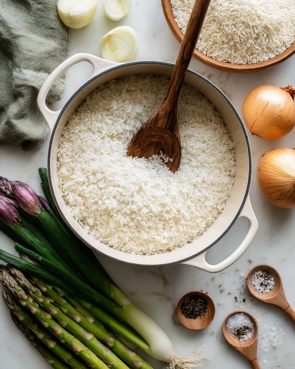 A white ceramic pot filled with uncooked, shiny, short-grain rice forms the main layer in the center. A wooden spoon rests inside the pot, partially buried in the grains, showing a smooth dark wood texture. Around the pot are fresh green asparagus spears with purple tips on the right side, three yellow onions, one halved showing its layers, and several fresh green onions with white bulbs on the left side. Near the top right corner, two small wooden spoons contain coarse salt and black pepper, with some of the spices spilling onto the white marbled texture surface. Behind the pot, there is a round bowl filled with more uncooked rice. A green linen cloth is laid out near the top of the image, all on a white marbled surface photo taken with an iphone --ar 4:5 --v 7