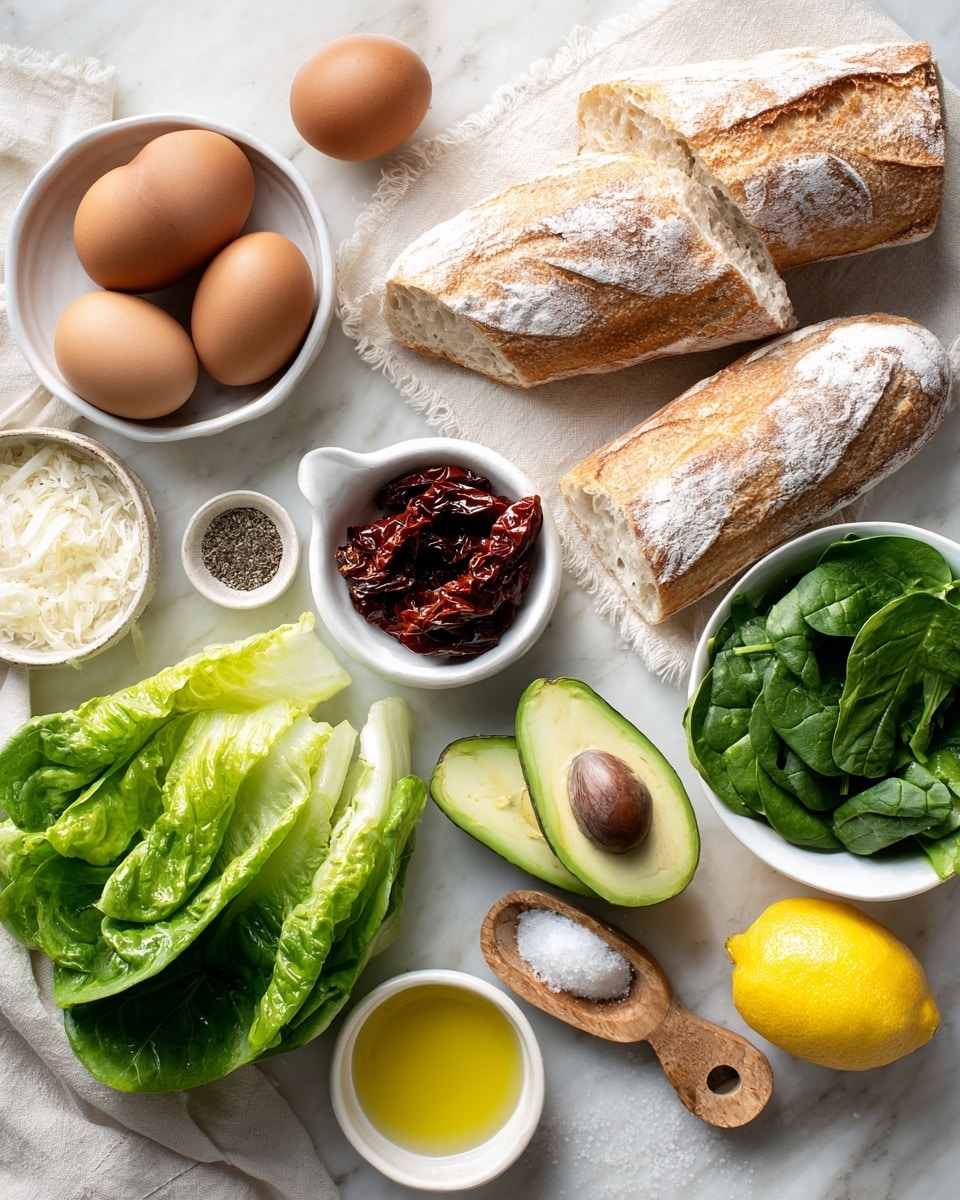 The image shows fresh ingredients arranged on a white marbled surface. At the center, there are three pieces of crusty ciabatta bread with a light flour dusting and a soft, airy inside. Above the bread, a small white bowl holds sun-dried tomatoes with a shiny, oily texture in deep red color. To the left, there is a white bowl with four brown eggs, smooth and round. Next to the eggs, fresh green leaf lettuce spreads out, adding a ruffled texture. On the right, two halves of a ripe avocado display bright green flesh and a brown seed inside one half. Below, a white bowl is filled with fresh spinach leaves, dark green and silky. A yellow lemon sits near the bottom right, adding a pop of color. Small dishes with olive oil and grated cheese, along with a wooden spoon and a tiny scoop of black pepper, complete the fresh and colorful setup. Photo taken with an iphone --ar 4:5 --v 7