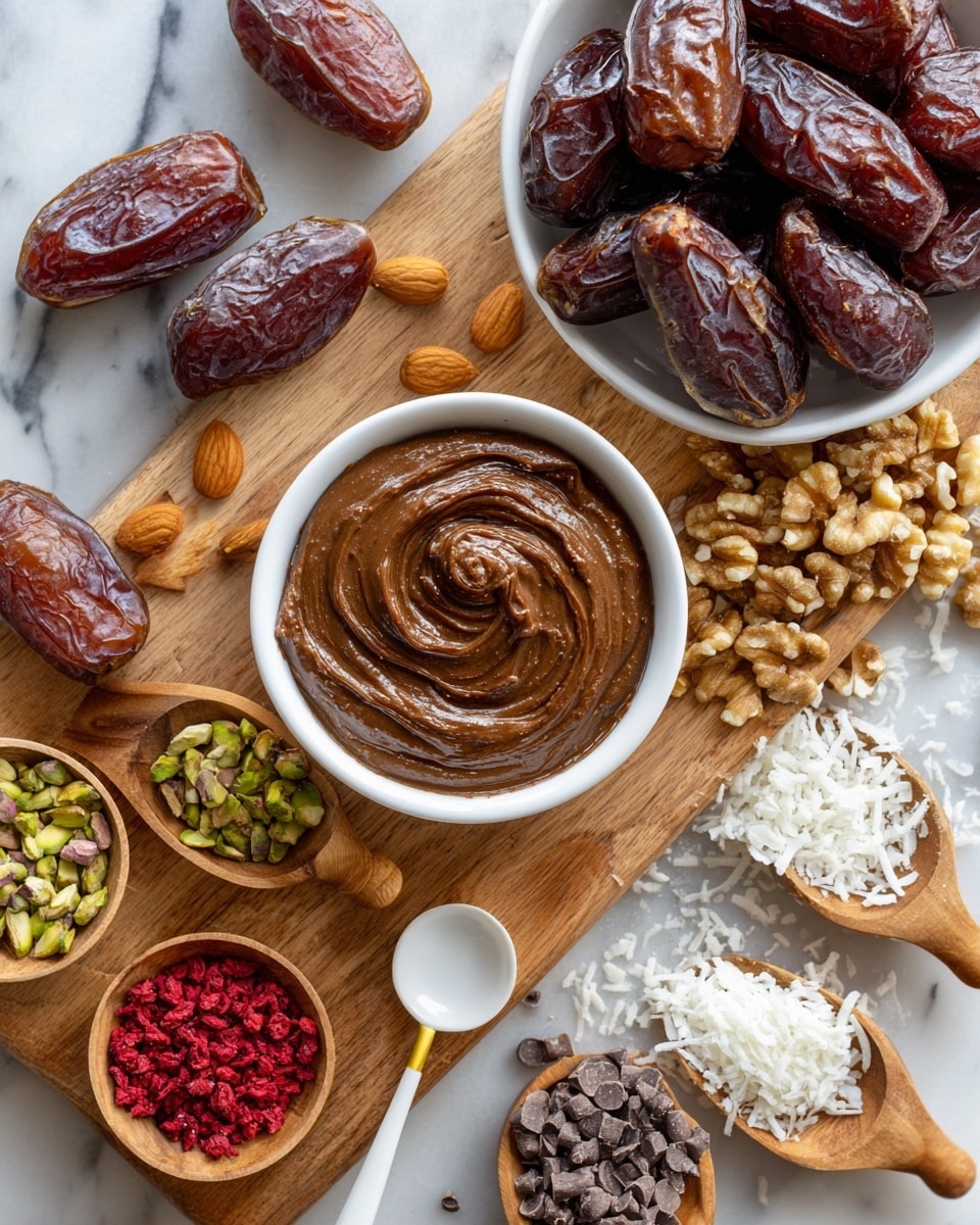 The image shows a white bowl filled with smooth brown almond butter placed on a light wooden cutting board at the bottom center. Above it, there is a white bowl full of dark brown dates with a wrinkled texture. Around the cutting board, a number of dates are scattered, each showing deep reddish-brown wrinkled skin. To the right side of the almond butter bowl, there is a cluster of light brown walnut pieces and a white spoon with a golden handle is nearby. On the white marbled surface, there are four wooden scoops filled with different items: chopped pistachios, crushed red berries, shredded white coconut, and small dark chocolate chunks. These ingredients are spread casually around the cutting board. The photo taken with an iphone --ar 4:5 --v 7