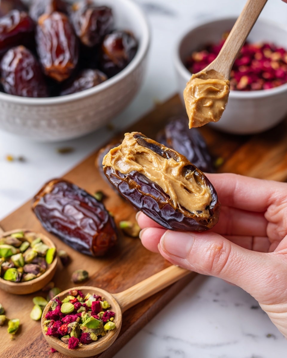 A close-up image shows a woman's hand holding a split open dark brown date stuffed with creamy light brown peanut butter, with the peanut butter being added using a small wooden stick held by another woman's hand. The date and peanut butter rest above a light wooden board that has more whole dates scattered on it. Behind the board is a white bowl filled with whole dates. In the lower left corner, two small wooden scoops hold chopped pistachios and bright red dried fruit pieces, all set against a white marbled textured surface. Photo taken with an iphone --ar 4:5 --v 7