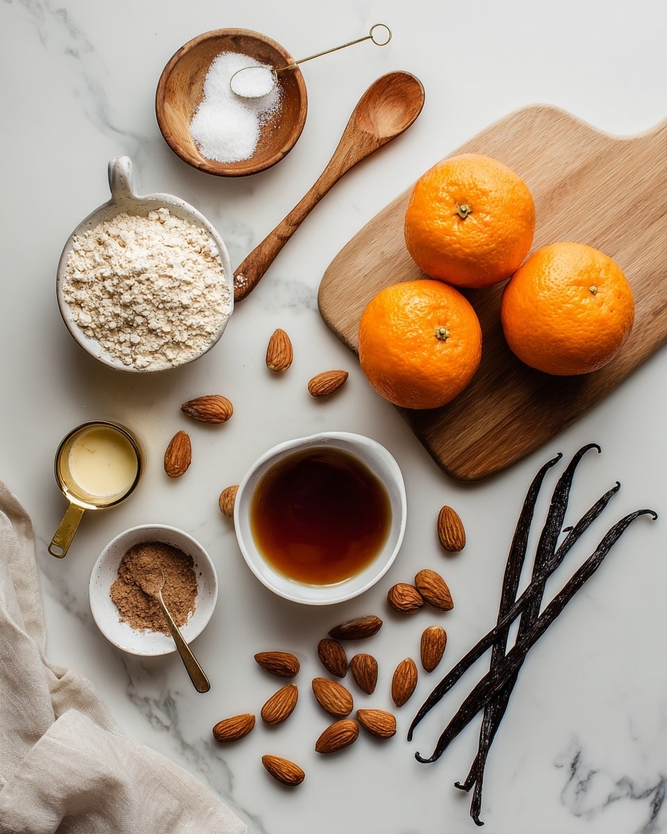 A white bowl sits in the center on a white marbled surface, holding a single round ball of yellowish dough with a rough texture. Around the bowl lies a wooden spoon, two whole oranges, several almonds, a small white bowl with a dark brown powder, two vanilla pods, a small white cup with a brown liquid, and a small metal measuring cup filled with a light cream-colored liquid. There is also a textured light gray cloth draped on the left side. The photo taken with an iphone --ar 4:5 --v 7