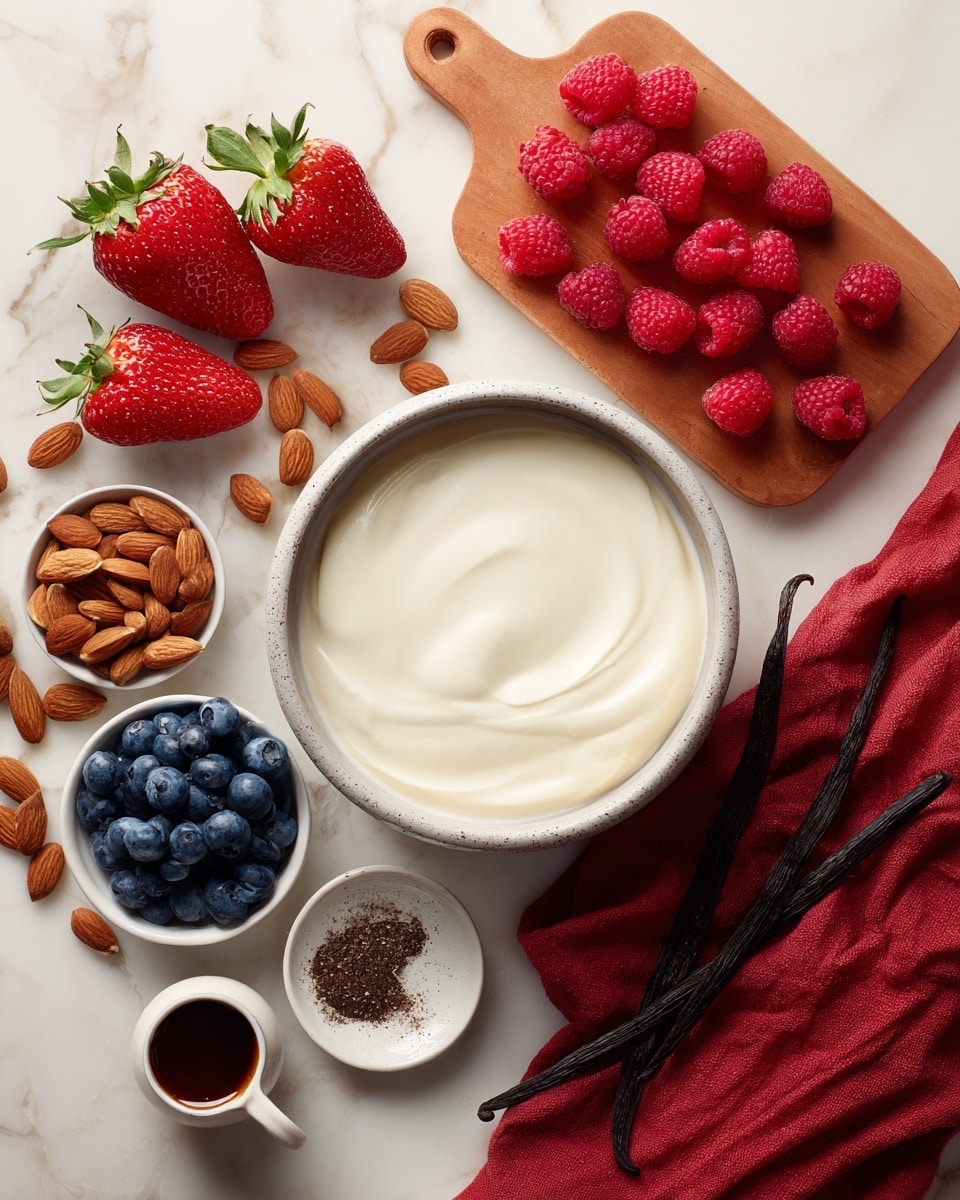 The image shows a large white bowl filled with smooth white yogurt placed on a white marbled surface. Surrounding the bowl, there are fresh red strawberries on the left side, a small wooden board with red raspberries spilling onto the surface, and a pile of whole brown almonds with a small white bowl of chopped almonds. At the bottom left, a small white bowl is filled with fresh blueberries, and scattered blueberries lie around it. Near the blueberries, there is a small white plate with a dark brown powder, possibly spice, and two vanilla pods laying next to it. To the left of the yogurt bowl, a small white cup with dark brown liquid, likely syrup or vanilla extract, sits on the surface. A soft red cloth is placed on the right side of the whole arrangement. The photo was taken with an iphone --ar 4:5 --v 7