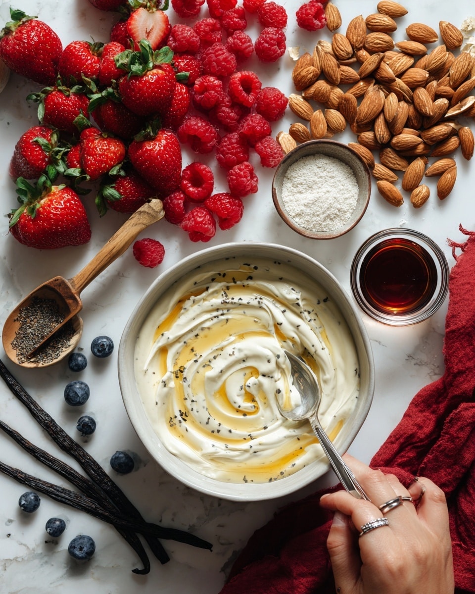 A white bowl is filled with creamy white yogurt swirled with golden brown honey and small specks of black vanilla seeds, with a spoon stirring the mixture held by a woman's hand wearing silver rings at the bottom left. The bowl is placed on a white marbled surface surrounded by bright red strawberries on the left and a large pile of red raspberries spilling from a light wooden scoop towards the top left. On the top right, a large bunch of whole light brown almonds is spread out, with a small bowl of chopped almonds nestled among them. A small bowl of dark vanilla extract is placed near the strawberries, and below the yogurt bowl, a small dish contains ground vanilla powder. Scattered fresh blueberries and two long dark vanilla pods lie around the bottom edge of the image, with a soft red cloth partially visible on the right side. Photo taken with an iphone --ar 4:5 --v 7
