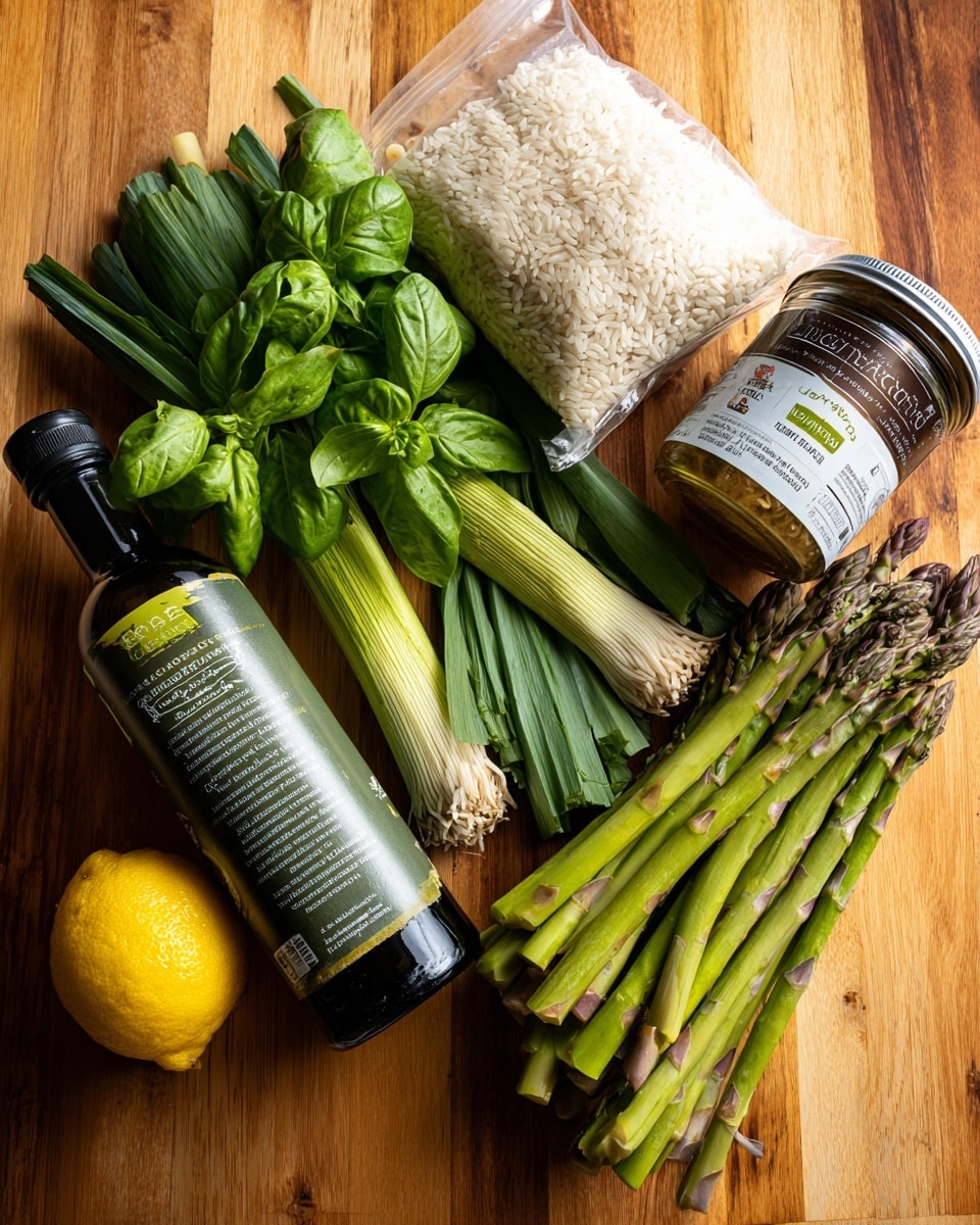 The image shows cooking ingredients laid out on a wooden surface, including a bottle of olive oil with a dark green label on the left, a white bag of Arborio rice behind some fresh green leeks placed horizontally, a bunch of fresh green basil leaves in front, a pile of thin green asparagus stalks with purple tips on the right, a metal container of organic chicken bouillon with a dark lid, and a whole bright yellow lemon next to it. The background is simple and wooden. photo taken with an iphone --ar 4:5 --v 7