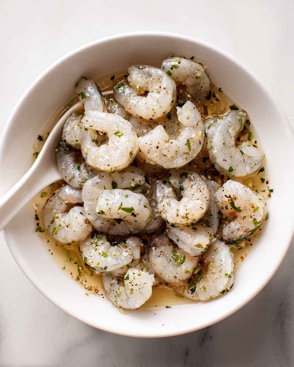 A white bowl filled with raw shrimp that are light gray and translucent, coated in a marinade with small green herb pieces scattered throughout, showing a light glaze and specks of black pepper and seasoning. A white spoon is partially visible on the left side inside the bowl. The bowl rests on a white marbled surface. photo taken with an iphone --ar 4:5 --v 7