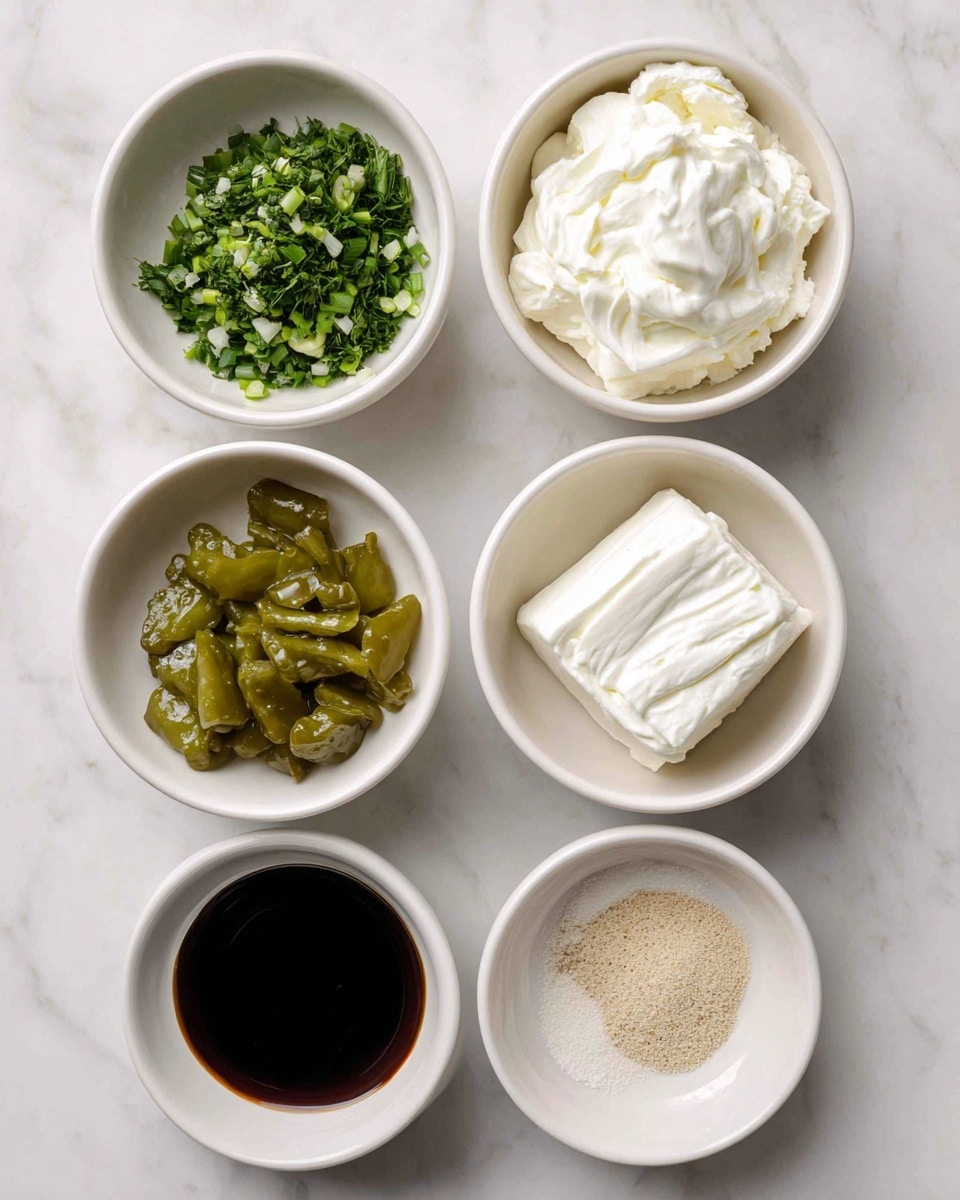 Six small white bowls are arranged in two rows on a white marbled surface. The top row has a bowl of finely chopped fresh green herbs on the left and a bowl of thick white cream on the right. In the middle row, the left bowl holds small pieces of greenish pickles, while the right bowl contains a block of soft white cream cheese. The bottom row shows a bowl of dark brown liquid, likely soy sauce, on the left, and a small bowl with two light beige powder spices on the right. The simple setup highlights the varied textures and colors of the ingredients. photo taken with an iphone --ar 4:5 --v 7