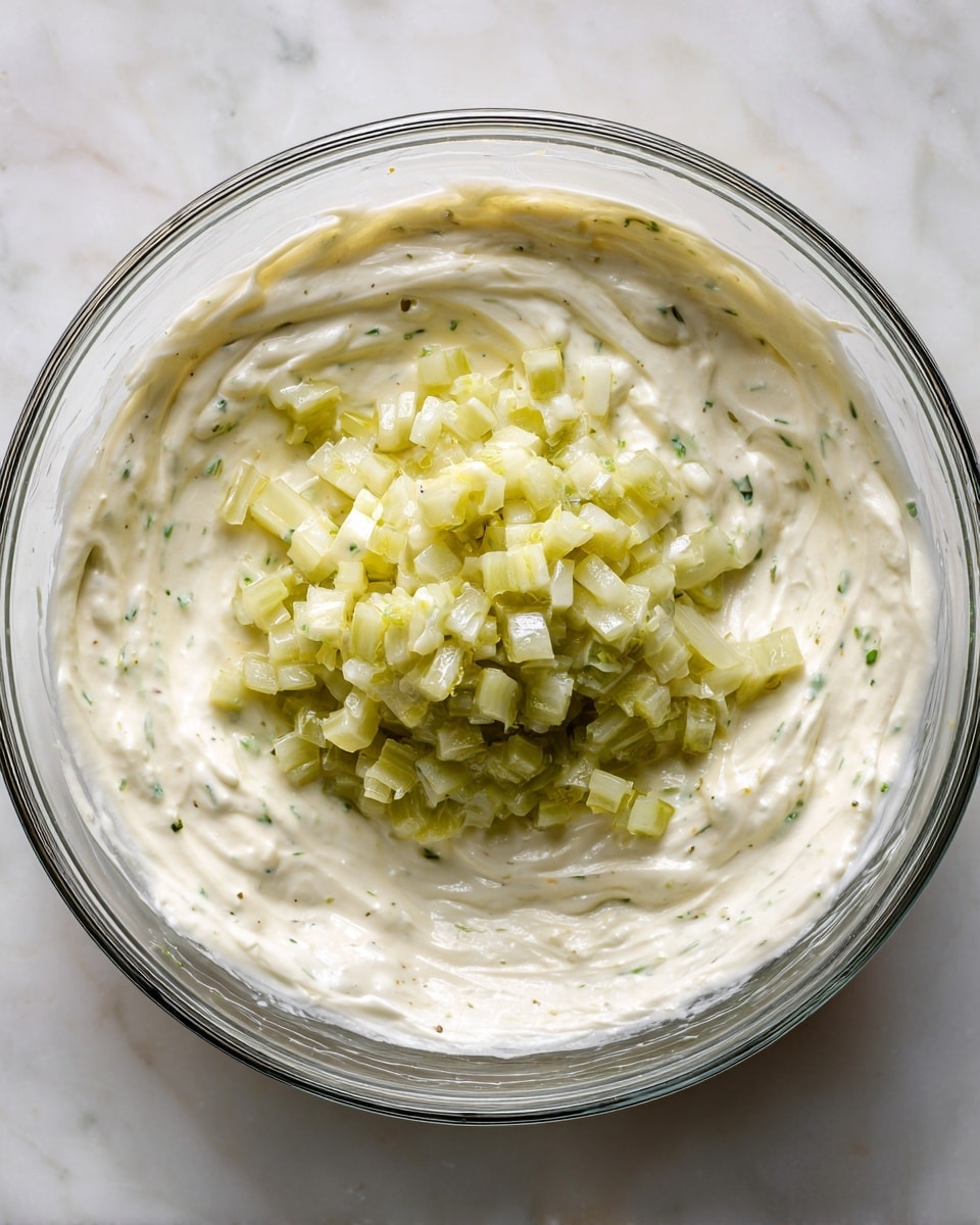 A clear glass mixing bowl sits on a white marbled surface, filled with a creamy white mixture with small green herb specks, spread smoothly along the bowl’s sides. In the center of the bowl, there is a pile of small diced pieces of pickles or similar vegetable, showing light green and pale yellow colors with glossy texture. The mixture looks thick and rich, and the light in the image highlights the shiny texture of both the cream and the diced pieces. photo taken with an iphone --ar 4:5 --v 7