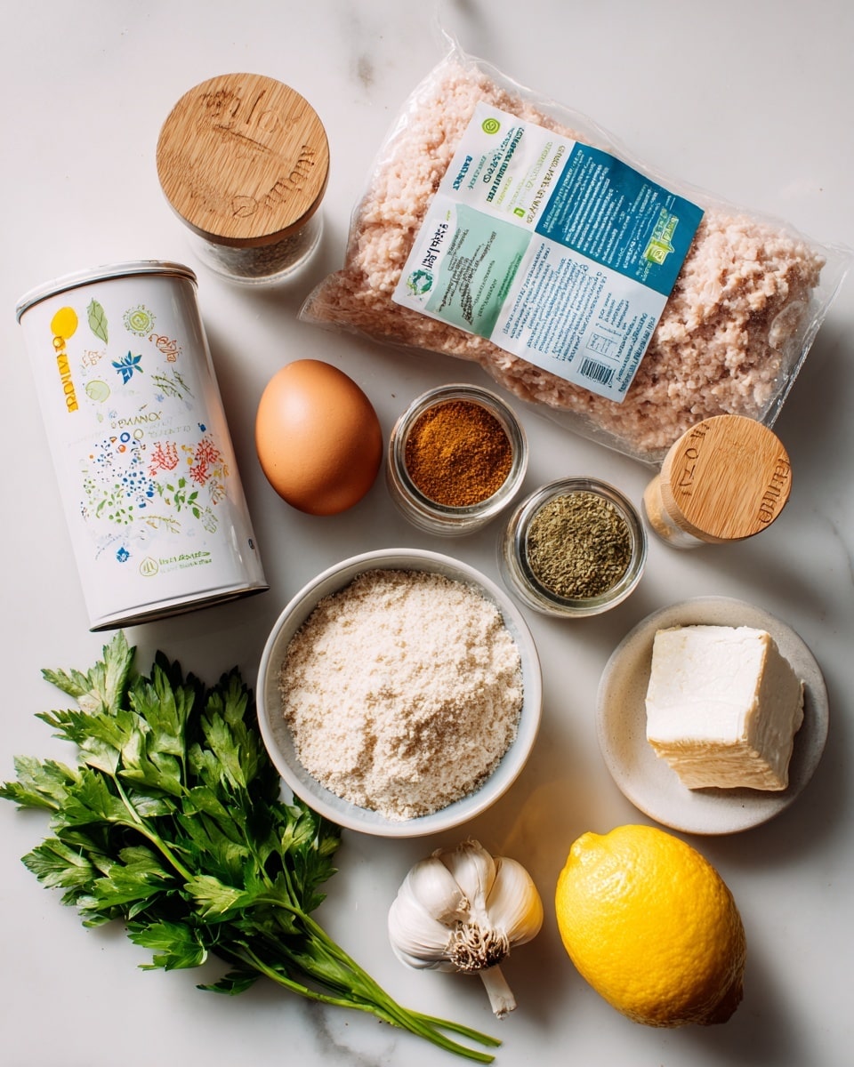 The image shows various ingredients arranged on a white marbled surface. At the top is a clear package of light pink ground chicken with blue and green labels. Below it are four glass spice jars with wooden lids containing cumin, coriander, cinnamon, and oregano, lined up side by side. To the left is a tall white canister of panko bread crumbs with colorful design marks. Next to it is a single brown egg, and in front is a small white bowl filled with a pale mashed or crushed ingredient. On the right side is a bright yellow lemon, a block of white feta cheese in clear packaging with a blue label, a single clove of garlic, and green leafy parsley stems. The photo is taken with an iphone --ar 4:5 --v 7