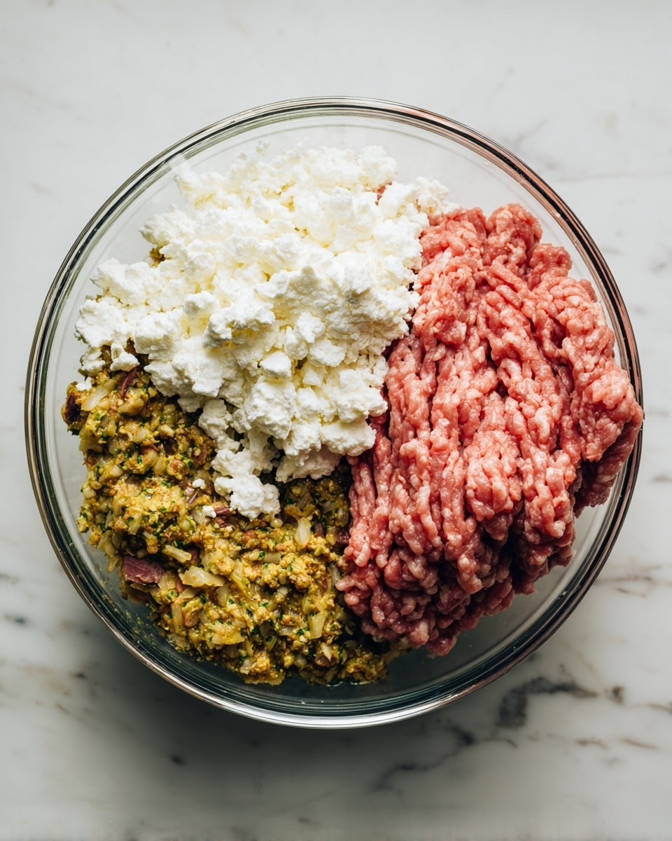 A clear glass bowl sits on a white marbled surface, holding three main layers of ingredients. At the bottom is a mix with a yellowish-green color and a slightly crumbly texture, showing small bits of herbs or vegetables. On the left side of the bowl, there's a layer of white crumbly cheese piled up, while on the right side, a large portion of pale pink ground meat with visible ridges rests on top. The layers are clearly separated inside the bowl, giving a neat look. photo taken with an iphone --ar 4:5 --v 7