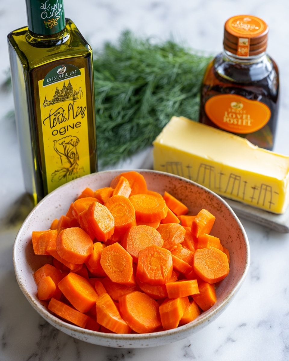 A white bowl filled with bright orange carrot slices, cut into thick, uneven rounds and chunks, sits on a white marbled surface. Next to the bowl is a green bottle of extra virgin olive oil with a bright yellow label featuring playful black text and a drawing, along with a small block of light brown butter marked with measurement lines. On the other side, there is a clear bottle of dark honey with a yellow and orange labeled
