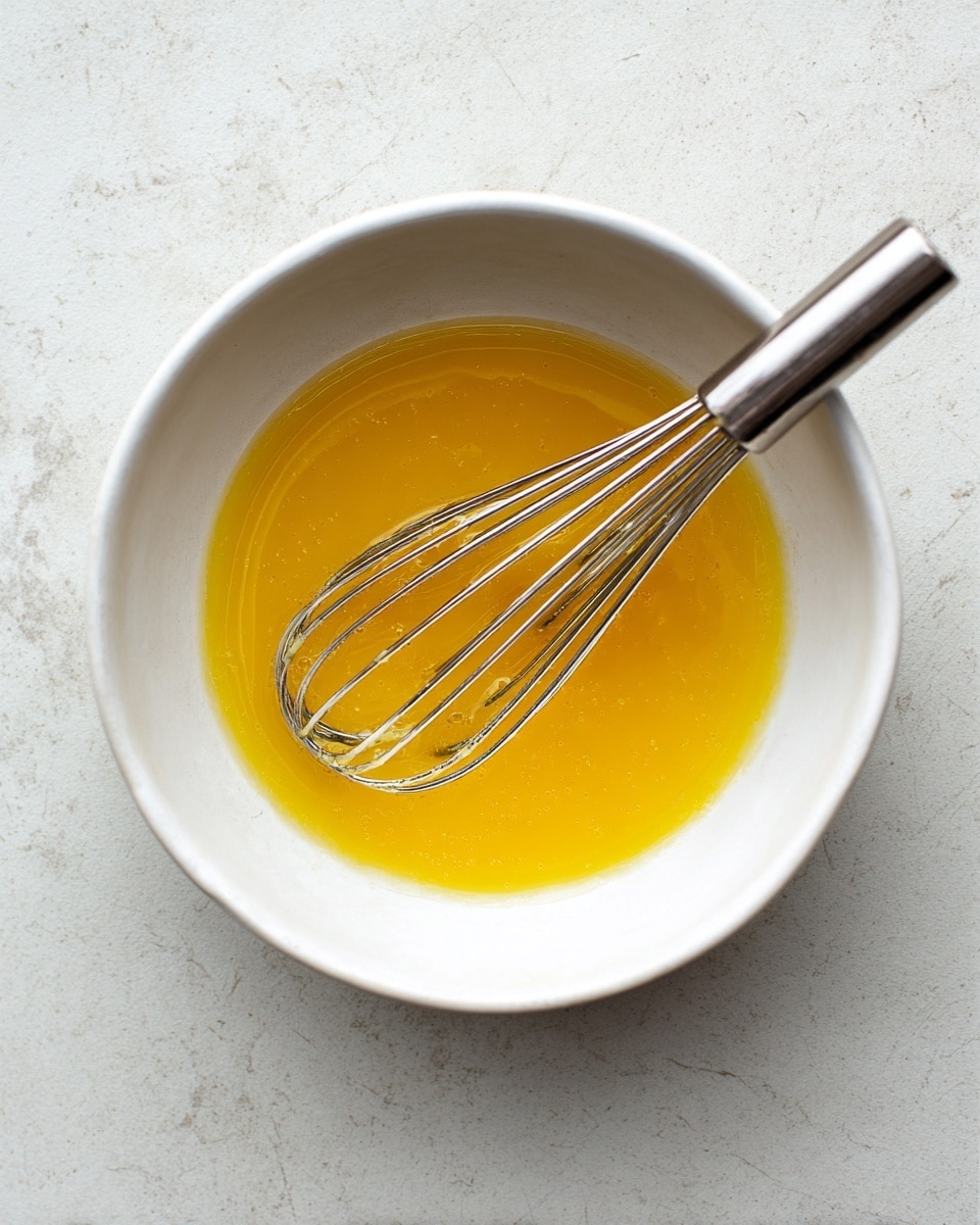 A small white bowl filled with smooth, golden yellow liquid with a shiny surface, resting on a white marbled texture. Inside the bowl lies a silver metal whisk and handle, partially dipped into the liquid. The light reflects gently on the liquid and the shiny whisk, highlighting the texture. The shot is taken from above showing the round shape of the bowl and the fine lines on the whisk. Photo taken with an iphone --ar 4:5 --v 7