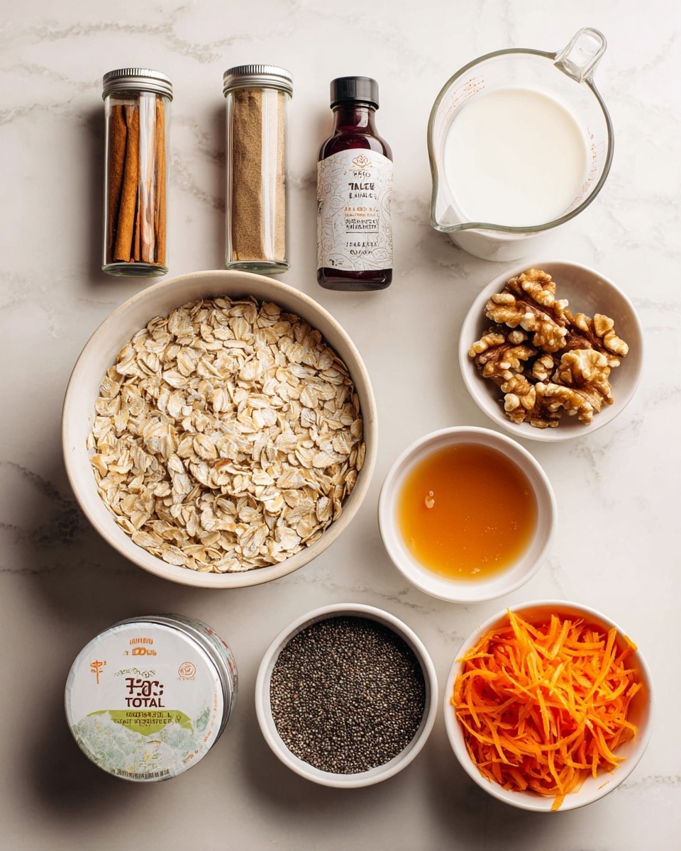 The image shows seven white bowls arranged neatly on a white marbled surface. Starting from the top left, there are two spice jars, cinnamon and allspice, followed by a dark red bottle of vanilla bean paste. Below them, a large white bowl filled with light tan rolled oats sits next to a clear glass measuring cup holding white milk. To the right, a small white bowl contains an amber-colored liquid, likely syrup. Below these, another small white bowl holds dark brown raisins and light brown walnut pieces side by side. A round container of yogurt with a white and light green lid marked
