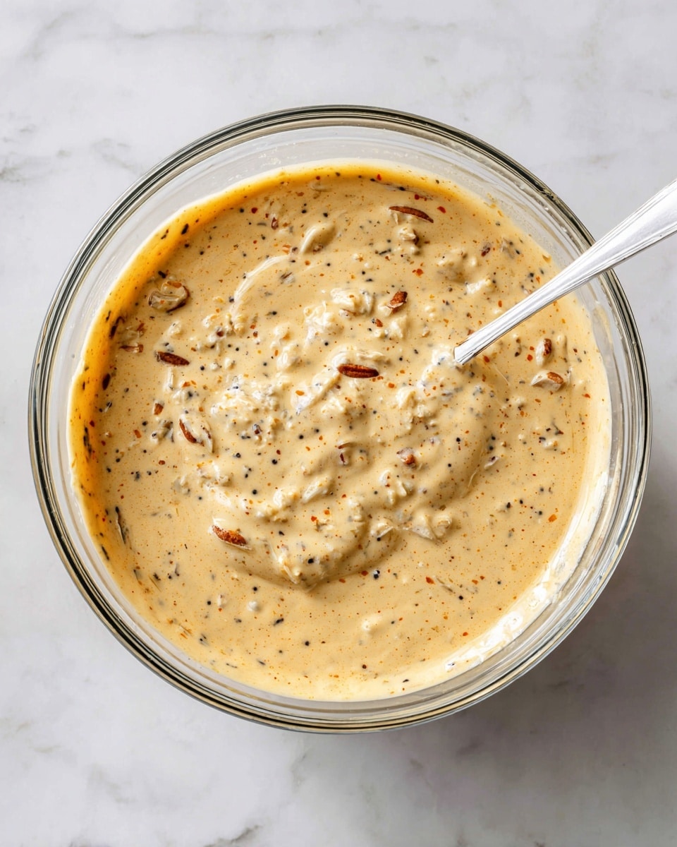 A clear glass bowl filled with a creamy, light tan mixture with specks of black and orange, showing a slightly thick texture with small chunks spread throughout; a white mixing stick is partially submerged in the liquid, resting diagonally inside the bowl, all placed on a white marbled surface. photo taken with an iphone --ar 4:5 --v 7