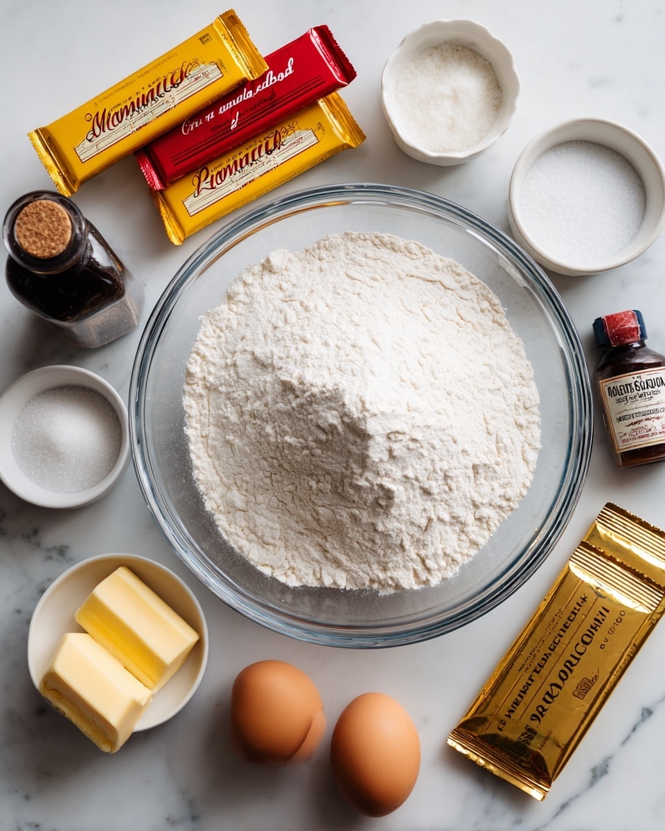 A clear glass bowl filled with a large mound of white flour sits at the center on a white marbled surface. Surrounding the bowl are two whole brown eggs placed near the front, two rectangular packs of unsalted butter wrapped in gold paper, a small white bowl filled with granulated white sugar, and another small white bowl with salt. To the left is a small jar of cinnamon and a brown bottle labeled Madagascar vanilla bean paste. Above the bowl, two chocolate bars in bright yellow and red wrappers labeled Guittard lie flat next to a small packet of pure espresso powder in a black package. The scene is bright and clean, with all items visible from above. photo taken with an iphone --ar 4:5 --v 7