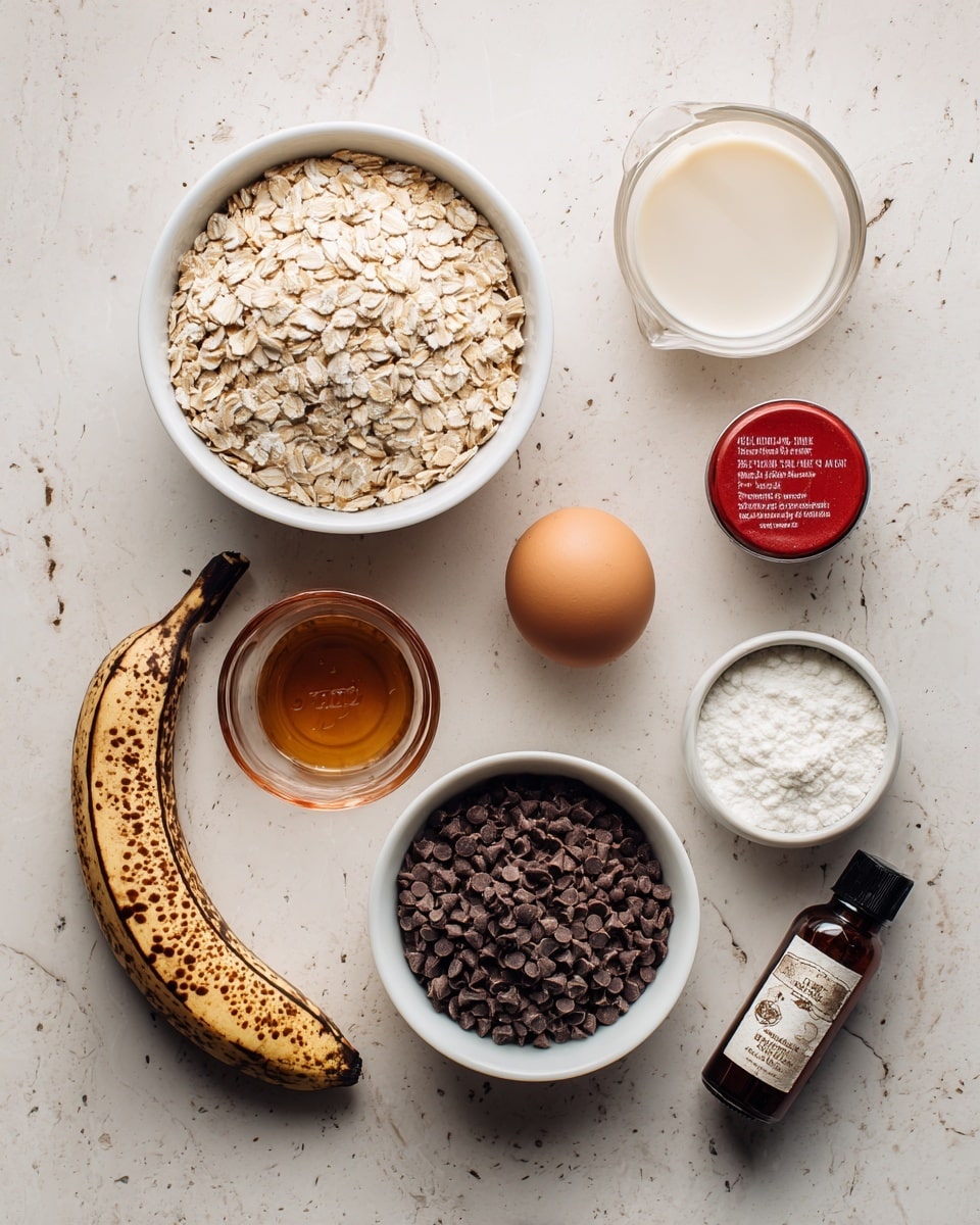 The image shows different ingredients placed neatly on a white marbled surface. There is a large white bowl filled with light beige rolled oats at the top left. Next to it on the right, a glass measuring cup contains a light tan liquid, and beside that is a red can of cocoa powder. Below the oats, a clear measuring cup holds a dark amber liquid. Below that, a white bowl is filled with many small, dark brown chocolate chips. To the right of the chocolate chips, a single brown egg rests on the surface. Above the egg, a small white bowl holds smooth white cream or yogurt. To the right of the egg, a dark brown bottle with a reddish label of vanilla bean paste is present. At the bottom left corner, a slightly ripe banana with dark spots lies on the surface. A small white bowl with white powder sits near the vanilla paste bottle. Photo taken with an iphone --ar 4:5 --v 7