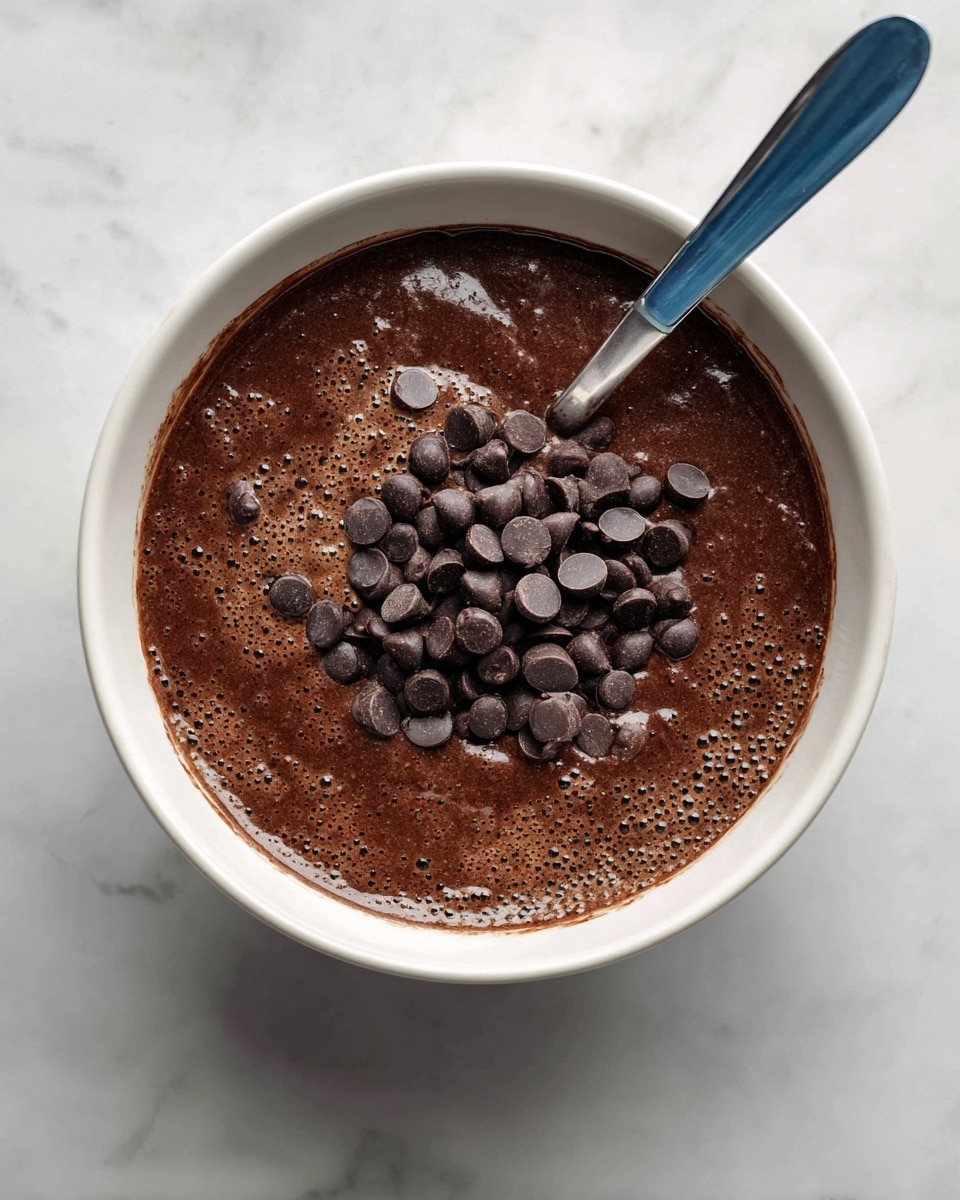 A white bowl filled with dark brown chocolate batter that has a slightly bubbly texture on the surface. On top of the batter, there is a pile of shiny dark chocolate chips near the center. A spatula with a silver handle and a blue silicone head rests inside the bowl, partially covered in batter. The bowl sits on a white marbled texture background photo taken with an iphone --ar 4:5 --v 7