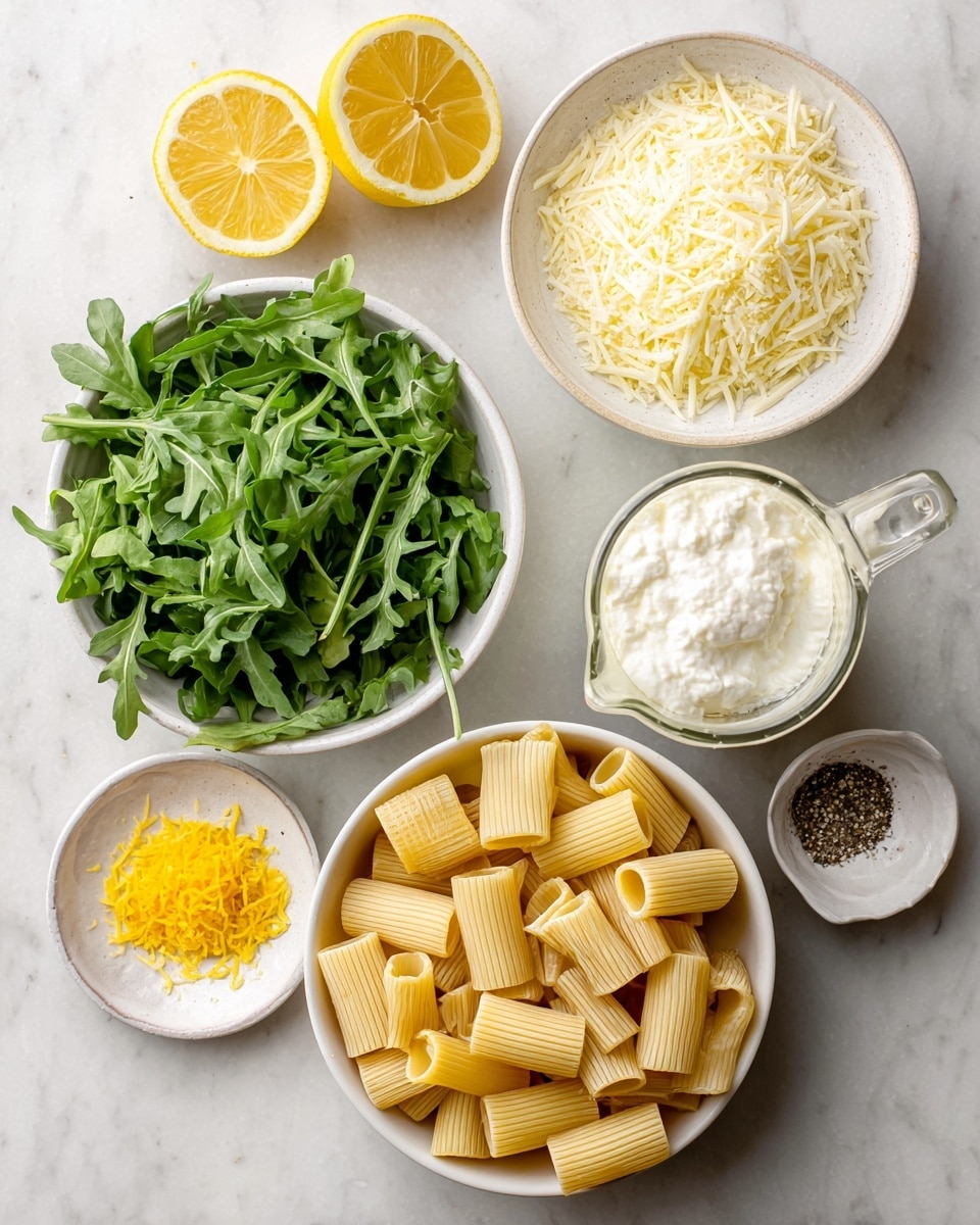 A close-up top view of a bowl filled with short tube-shaped pasta coated in a creamy white sauce, mixed with fresh green arugula leaves scattered throughout. The pasta is sprinkled with black pepper and small red chili flakes, with small bits of green herbs and fine yellow lemon zest adding bright spots on top. The bowl is white and sits on a white marbled surface. Photo taken with an iphone --ar 4:5 --v 7