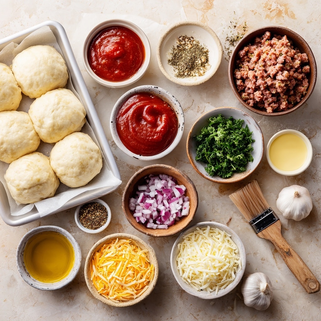 A round pizza with a thick, golden-brown crust sits on a wooden board, showing a slightly puffed and crispy edge. The pizza has one main layer of melted yellow cheese, slightly browned in places, topped evenly with chunks of cooked sausage that have a reddish-brown color. There are also small pieces of red onion scattered across the top, adding bits of purple, and the pizza is sprinkled with finely chopped green herbs. The background is a white marbled surface with two blue salt and pepper shakers and a blue container visible in the distance. Photo taken with an iphone --ar 4:5 --v 7